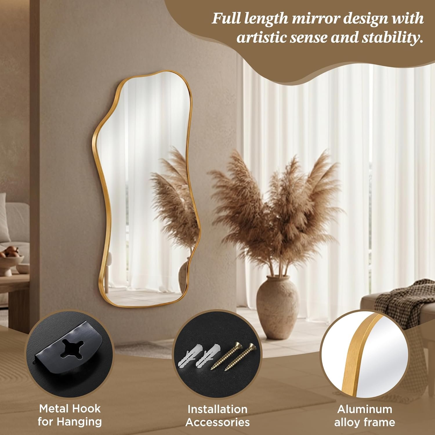 Bathroom Mirrors for Over Sink-Horizontal or Vertical Hanging 47.2"x21.6" Gold Asymmetrical Wavy Aluminum Frame Decorative Full Body Mirror for Living Room,Bedroom,Cloakroom,Entryway - Image 6