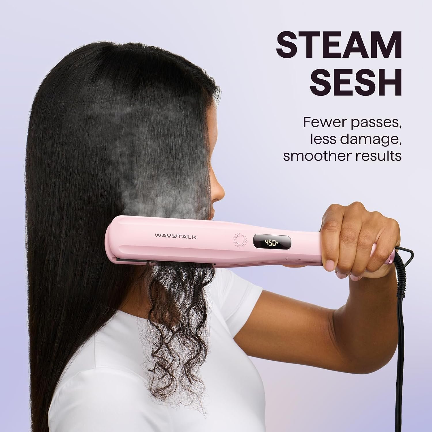 Wavytalk Steam Hair Straightener Steam Sesh for Less Heat Damage, Flat Iron | Detachable Comb, Steam Nourishes, Speeds Straightening, Fights Humidity & Frizz, Nano Titanium 1.38'' Plate, 5 Heat, Pink - Image 2
