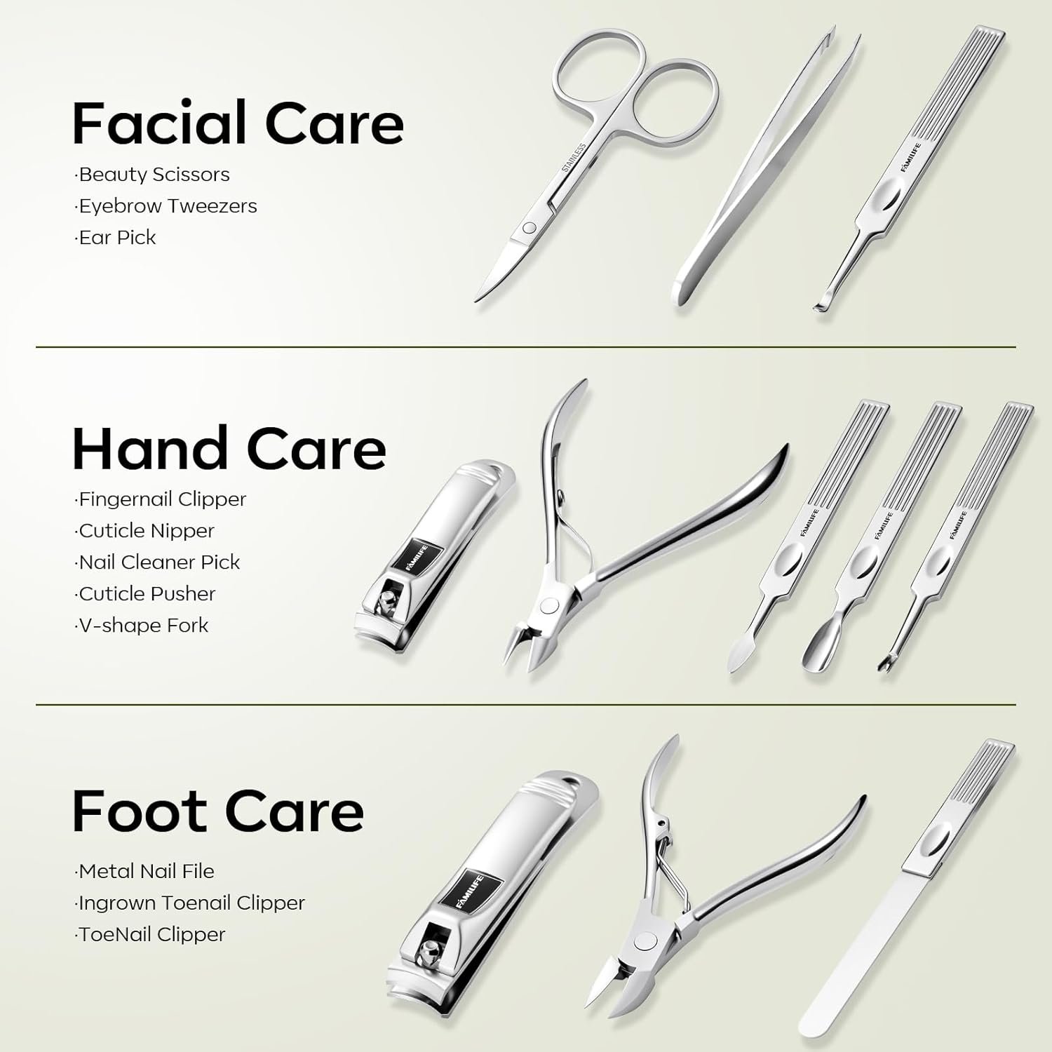 FAMILIFE Stainless Steel Manicure Set 11-in-1 Professional Nail Clipper Kit | Portable Leather Travel Case, Pedicure & Grooming Tools for Fingernails & Toenails, Luxury Gifts Set for Men & Women, Green - Image 6