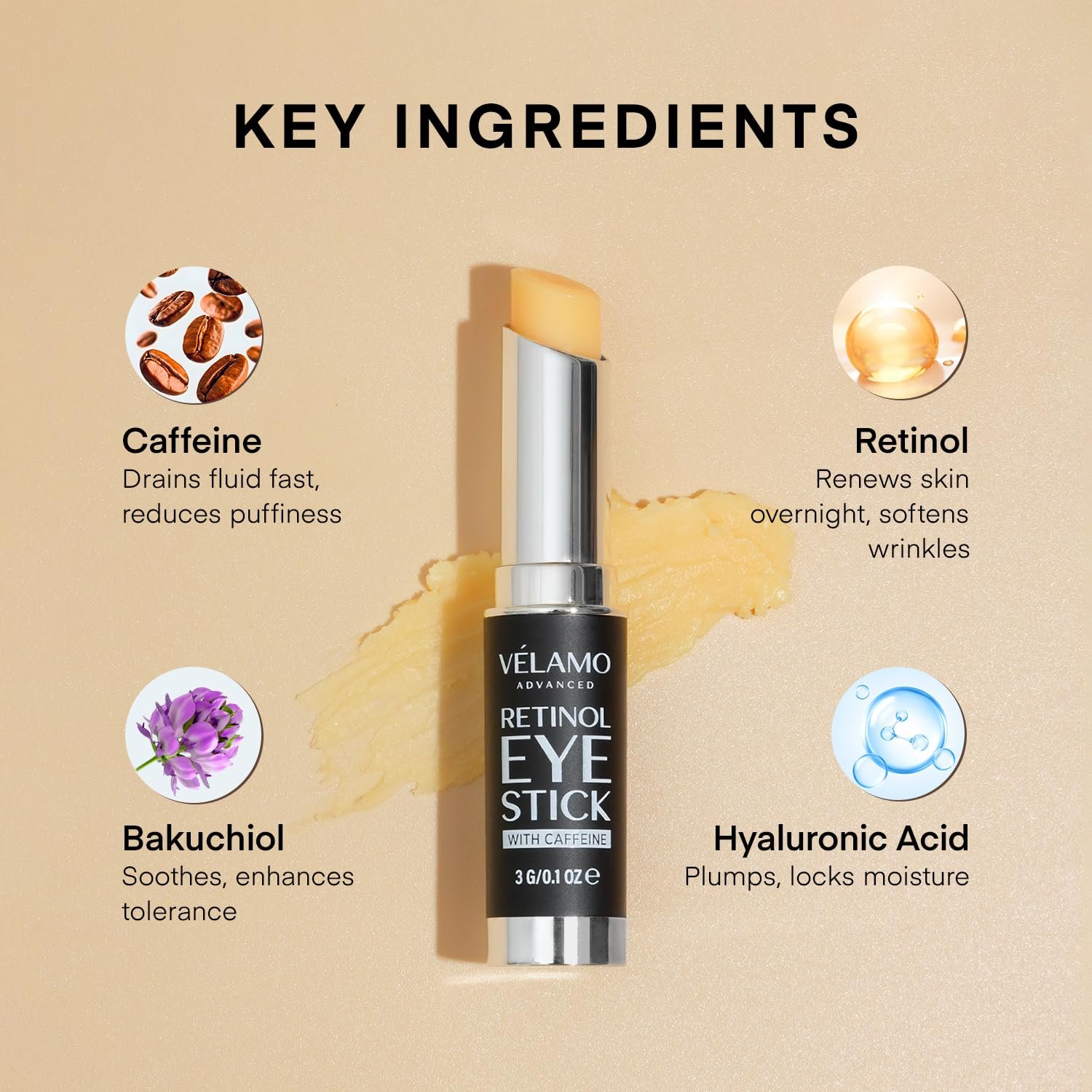 VELAMO ADVANCED Retinol Eye Stick: Retinol Eye Cream for Dark Circles and Puffiness with 1% Bakuchiol and Caffeine - Visibly Reduces Fine Lines Wrinkles Under Eye Bags with Upgraded Formula 0.1 OZ/3g - Image 4