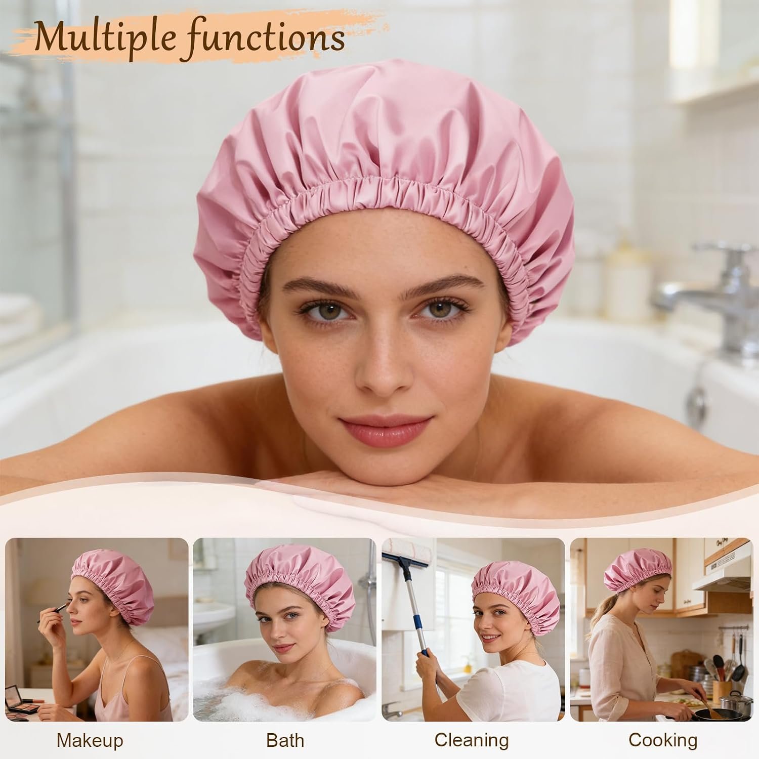 Shower Cap for Women, Reusable Waterproof Satin Lined Shower Cap | Large Shower Cap for Women, Satin Lined Bath Caps with Soft Elastic Band, Washable Reusable Waterproof Shower Bonnet - Image 4