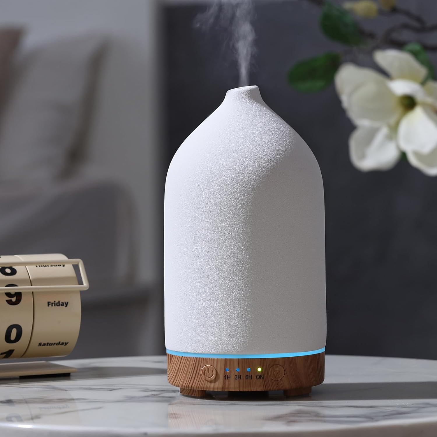 Gooamp 200ML Ceramic Essential Oil Diffuser for Home, Stone Diffuser | Ultrasonic Aromatherapy Diffuser & Air Humidifier for Bedroom, Office, Yoga, 7 LED Lights, Auto Shut-Off, 3 Timers,Wood Grain