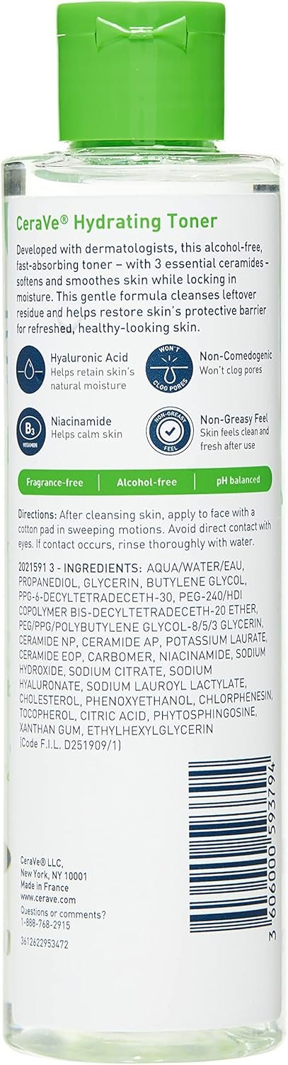 CeraVe Hydrating Toner for Face Non-Alcoholic with Hyaluronic Acid, Niacinamide, and Ceramides for Sensitive Dry Skin, Fragrance-Free Non Comedogenic, Full Size, 6.8 Fl Oz | Skin Care Formula with Ceramides Gently Softens and Hydrates Dry, Sensitive Skin, Non-Alcoholic, Fragrance-Free - Image 2