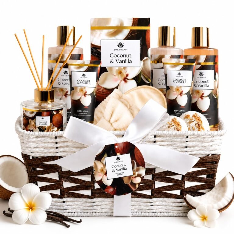 Spa Gift Basket for Women, Coconut & Vanilla 12-Piece Bath Gift Set with Shower Gel, Shampoo, Bubble Bath, Diffuser, Bath Bombs & Lotion, Birthday Gifts for Her
