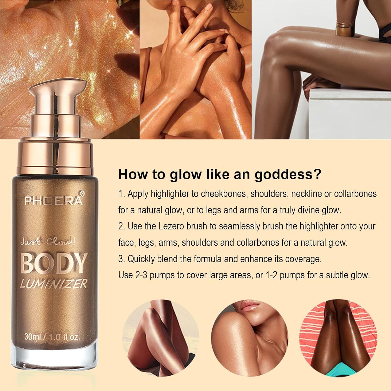 Body Shimmer Oil, Glistening Bronze Natural Glow Luminizer, Brush Include | Long Lasting Moisturizing Liquid Illuminator Highlighter Makeup for a Sun-Kissed Glow, 1oz, Medium - Image 4