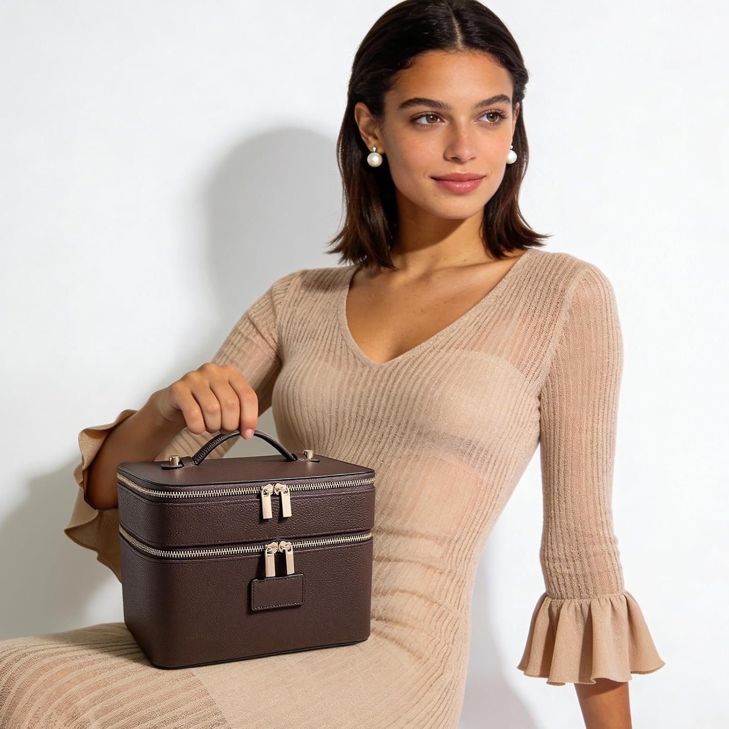 HiTotes Large Makeup Bag Duo Vanity Case for Women Leather Makeup Case Travel Toiletry Bag Portable Double Layer Cosmetic Bag - Image 6