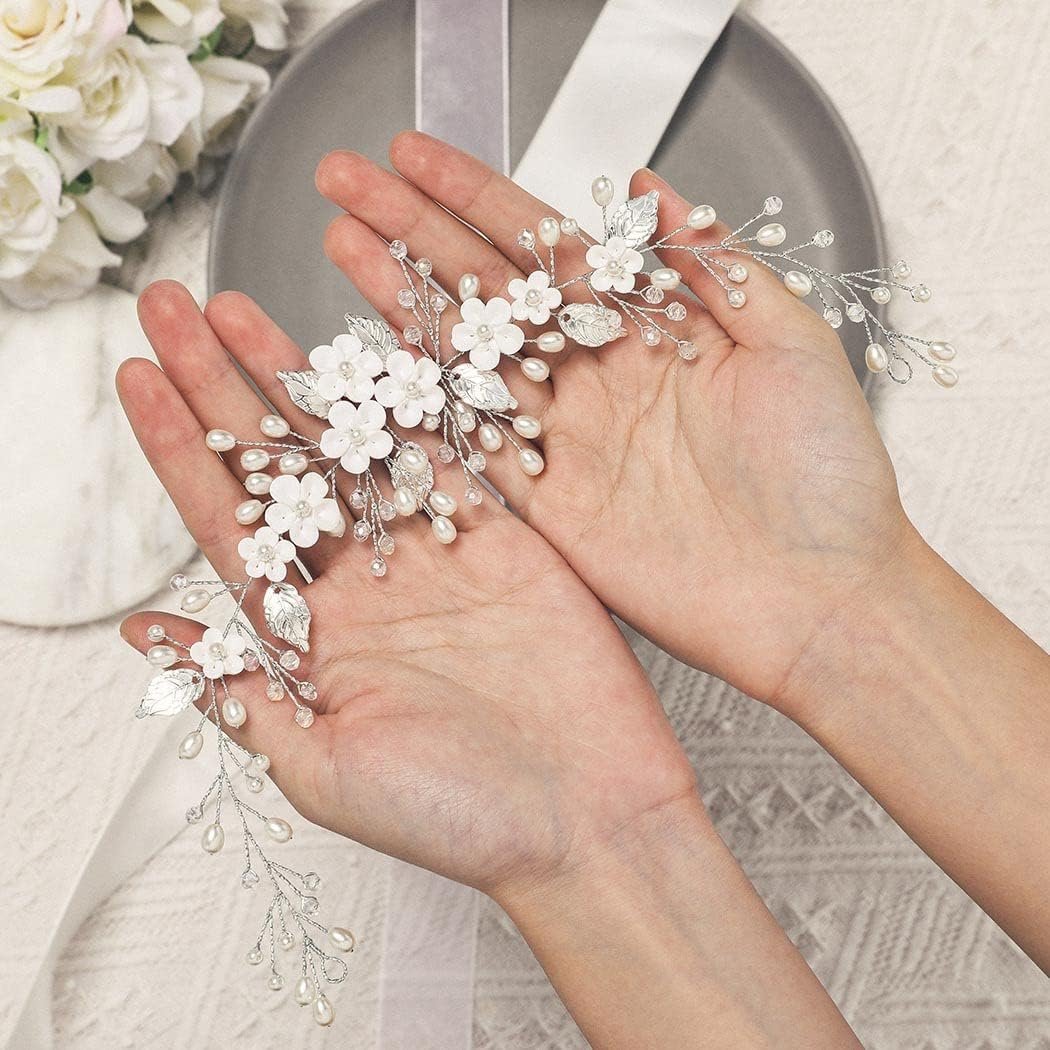 Unicra Flower Hair Vine Pearl Bridal Headpieces Wedding Hair Pieces Silver Prom Hair Accessories for Brides and Women (12.5 Inches) - Image 5