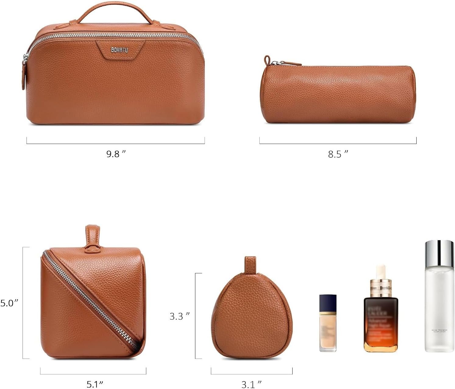 BOYATU Genuine Leather Travel Makeup Bag: Hand-made 3 Pcs Set Cosmetic Bags | Large Capacity Toiletry Organizer Bag for Women - Designer Ladies Travel Essentials for Elegance (Brown) - Image 7