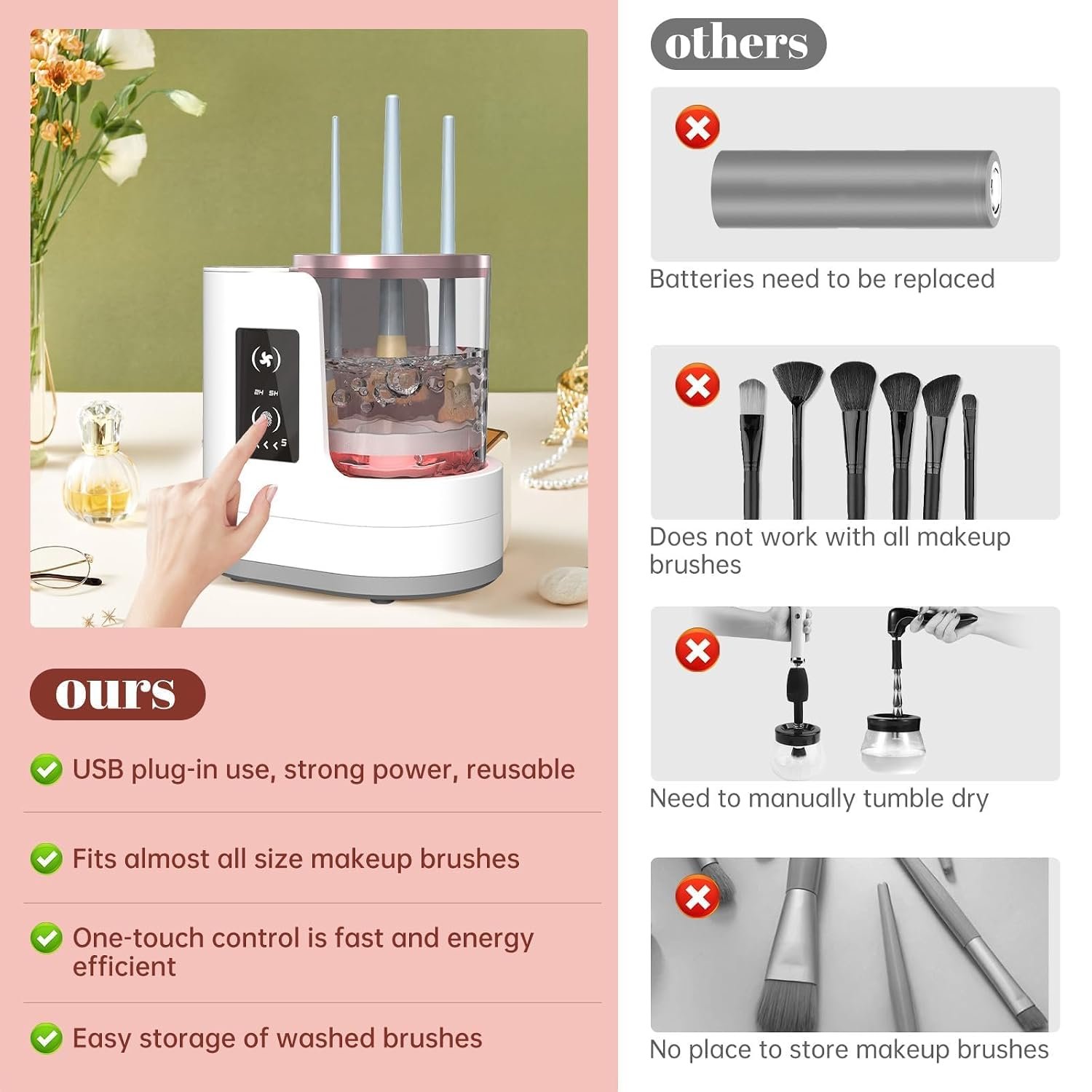 3 IN 1 Electric Makeup Brush Cleaner Machine With Makeup Brush Dryer-Holder-Portable Automatic USB Cosmetic Brushes Cleaner Tool for All Size Beauty Makeup Brush Set,Eyeshadow, Blush Brush - Image 6
