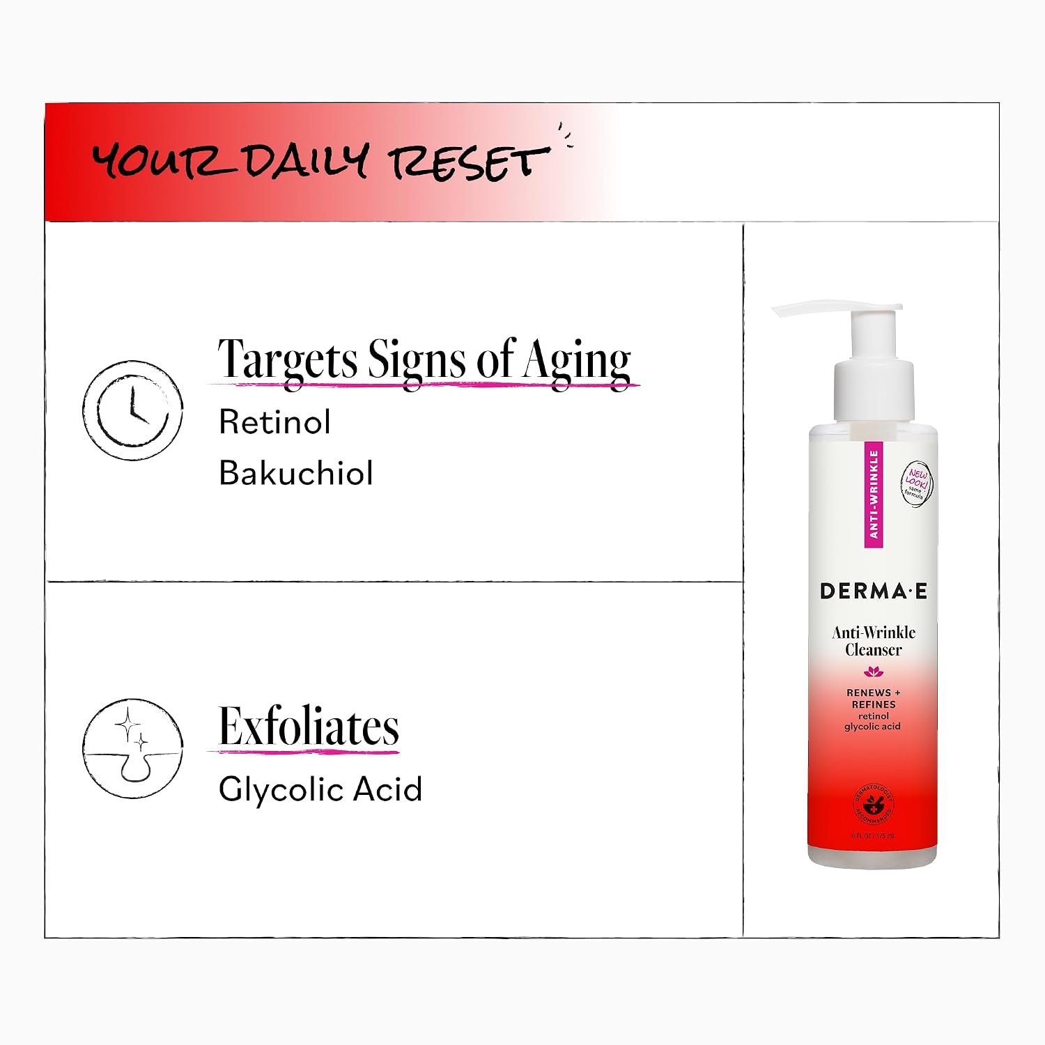 DERMA E Anti-Wrinkle Cleanser for Nighttime with Glyolic Acid, 6 Fl Oz | Exfoliating face wash, makeup remover, glycolic acid, retinol & bakuchiol, washes away dirt, oil & impurities for soft skin - Image 5