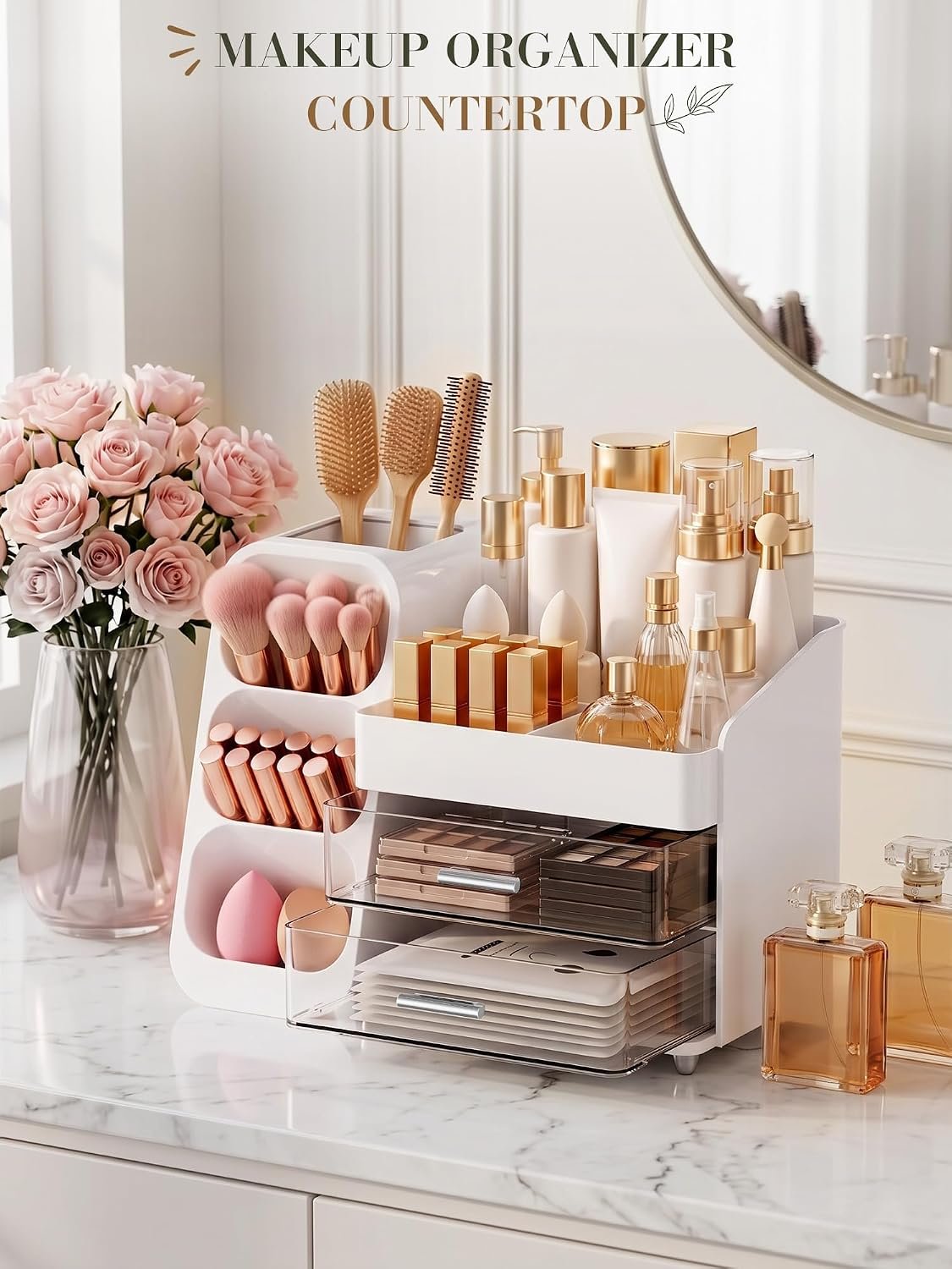 Makeup Organizer for Vanity - Large Skincare Organizers Countertop, Cosmetic Organizer with Brush Holder and 2 Drawer, Makeup Storage for Lipsticks, Nail Polishes, Eyeshadow Palettes, White - Image 4