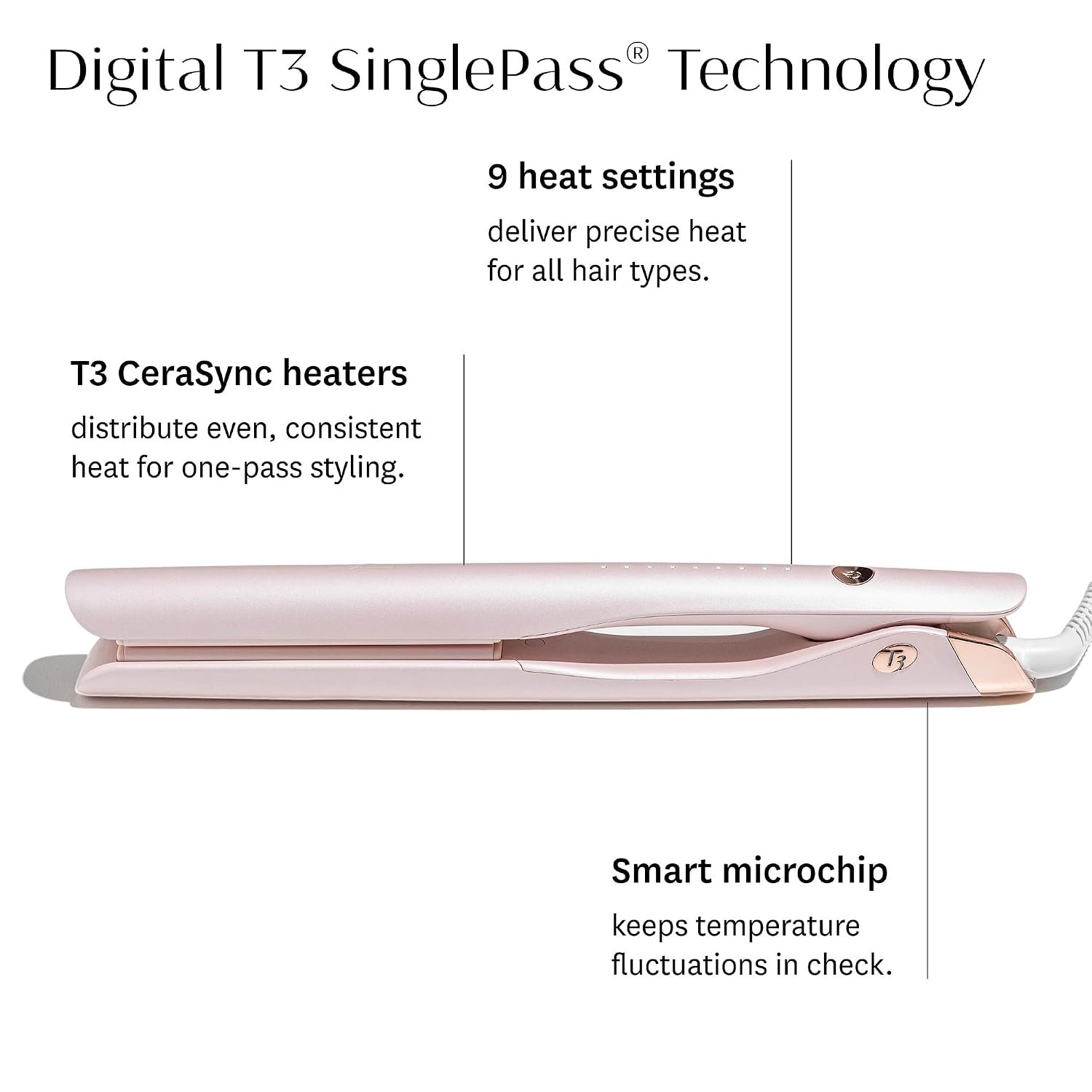 T3 SinglePass Smooth X Flat Iron, Professional Hair Straightener for Women with Extra-Long Korean Ceramic Plates & 9 Heat Settings for Straightening, Curling & Waving Fine to Thick Hair - Image 3