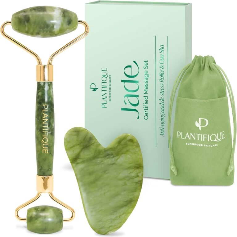 PLANTIFIQUE Jade Gua Sha Facial Tool & Face Roller Set - Giftable Box | Face Roller & Guasha Tool for Lymphatic Drainage, Face Sculpting & Jawline Shaper - Reduce Puffiness & Relieve Tension