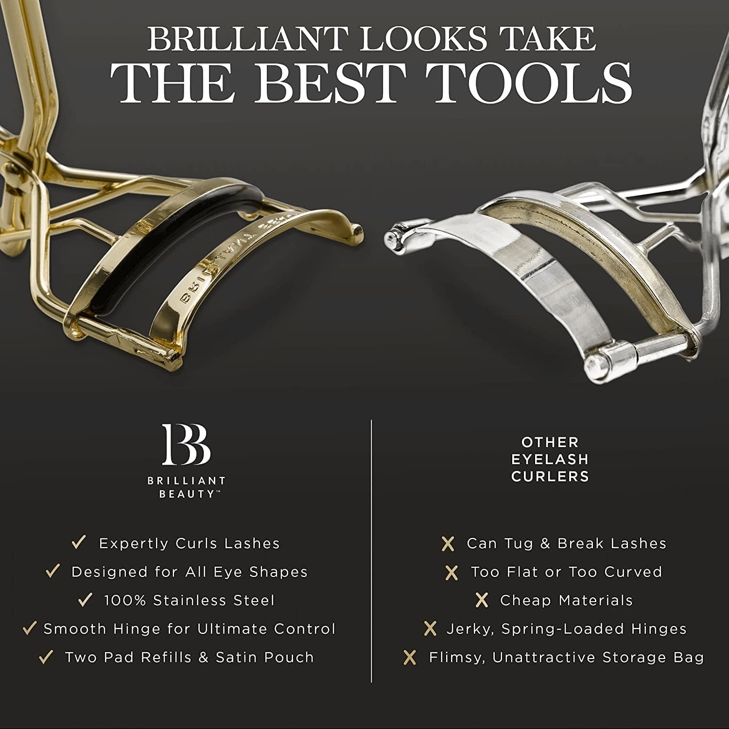 Brilliant Beauty Eyelash Curler - Satin Bag & Refill Pads, Gold | Dramatically Curled Lashes, Lash Lift in Seconds, No Pinching - Image 5