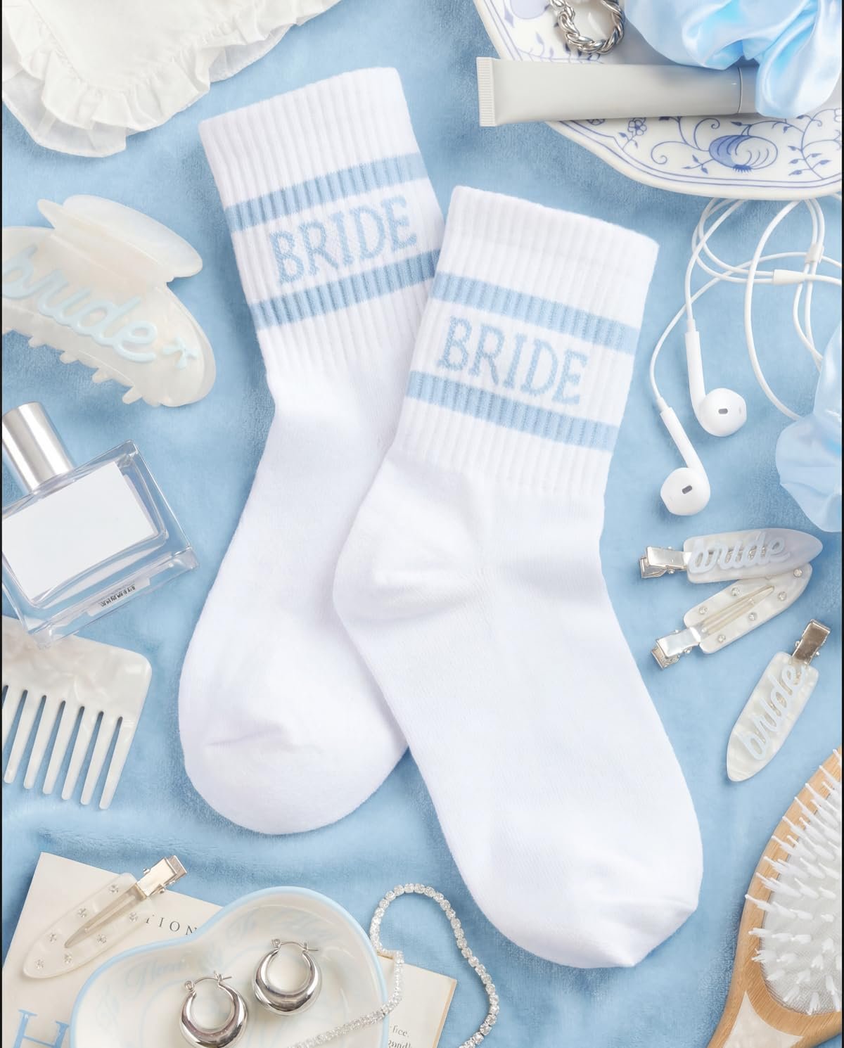 xo, Fetti Bride Socks, White | Something Blue Bachelorette Wedding Gift | To Be, Bachelorette Decorations, Day Slippers, Bridal Footwear - Image 5