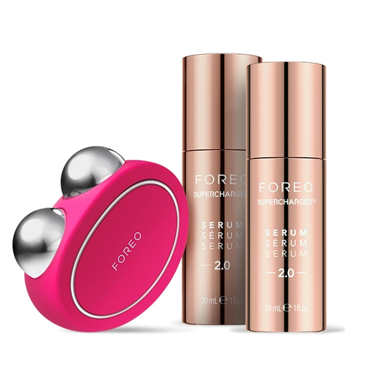 FOREO Age-Defying Bear Bundle - Bear Microcurrent Facial Device + 2 x Conductive Serum 1 fl.oz. - Anti Aging Face Massager - Skin Care Tools Set for an Instant Face Lift - Fuchsia | Microcurrent facial device, face massager, face lift, conductive serum, skin care tools, anti shock, FDA cleared