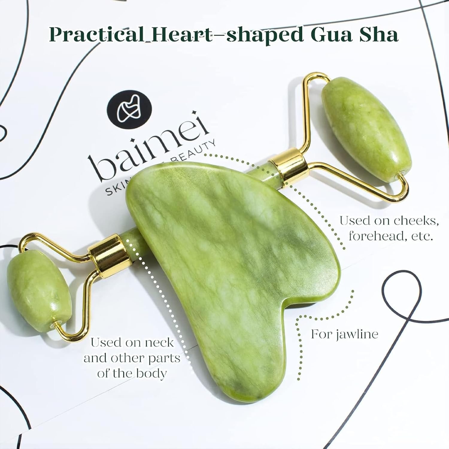 BAIMEI IcyMe Gua Sha & Jade Roller Set for Facial Sculpting and Relaxation | Cooling Face Roller & Guasha Tool for Face Lymphatic Drainage, Depuffing, Jawline Definition, Skin Care Gifts for Women–Green - Image 3