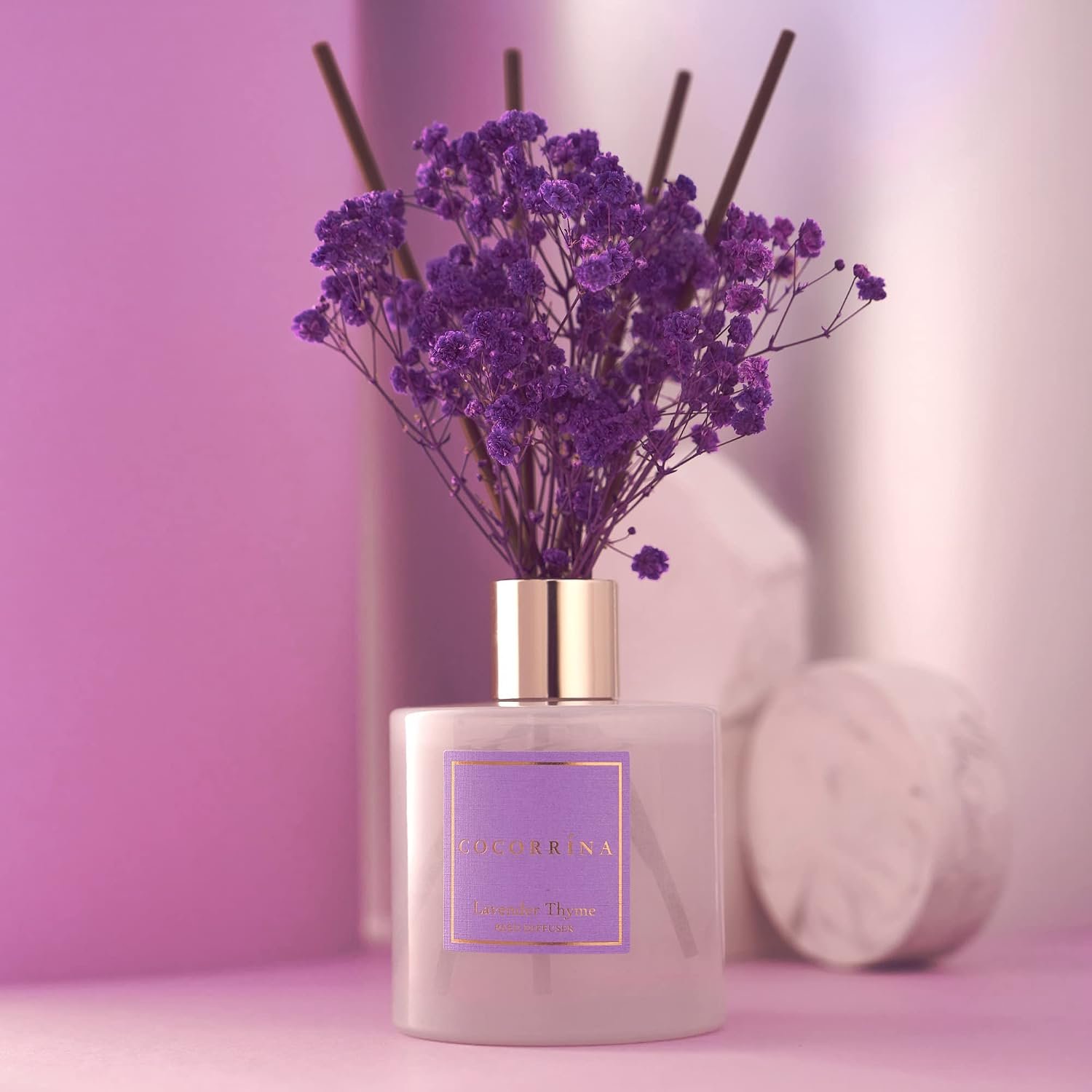 Cocorrína Premium Reed Diffuser Set with Preserved Baby's Breath & Cotton Stick Lavender Thyme | 6.76 Fl.oz Scent Diffuser for Bedroom Bathroom Home Décor - Image 2