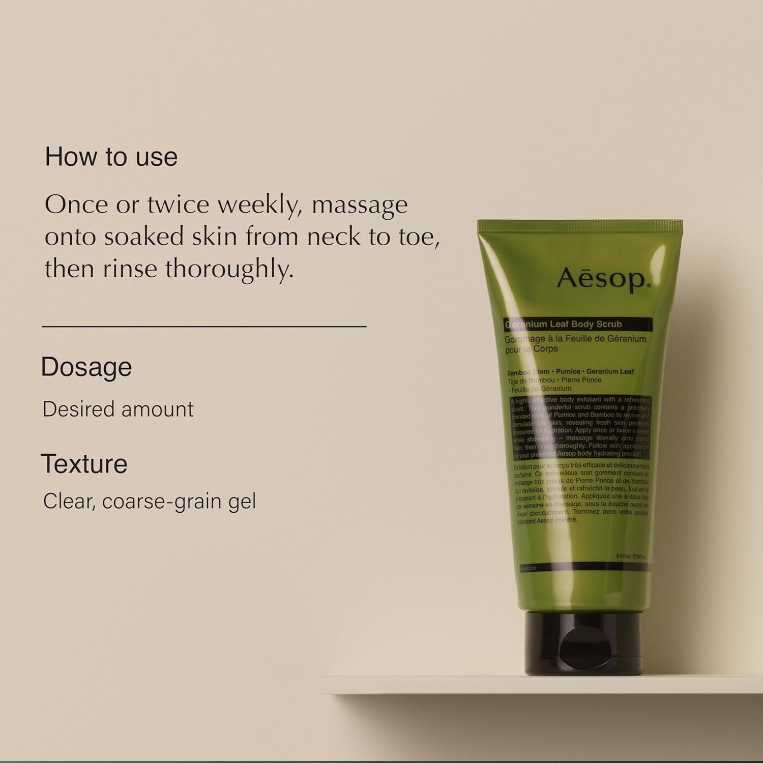 Aesop Geranium Leaf Body Scrub | Exfoliating Body Polish with Bamboo & Pumice | Smoothing, Cleansing Scrub for Dry, Rough Skin | Fresh Citrus, Green Aroma | 6.2 oz - Image 2
