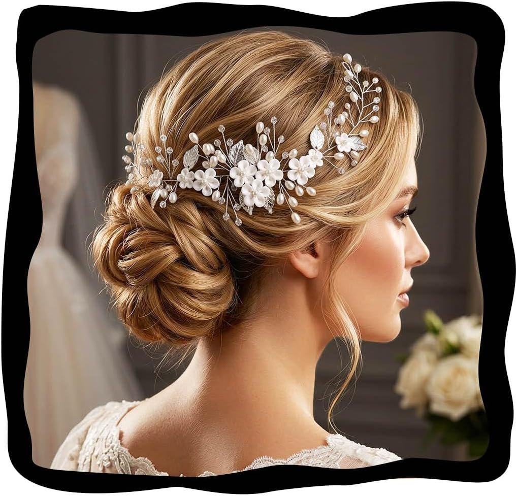 Unicra Flower Hair Vine Pearl Bridal Headpieces Wedding Hair Pieces Silver Prom Hair Accessories for Brides and Women (12.5 Inches)
