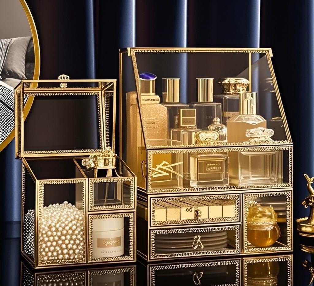 Tempered Glass Makeup Organizer with Gold Heart Shaped Metal Frame, Large Cosmetic Storage Drawer Cabinet, Dustproof Vanity Display Case for Lipstick Makeup Brush Skincare - Image 2