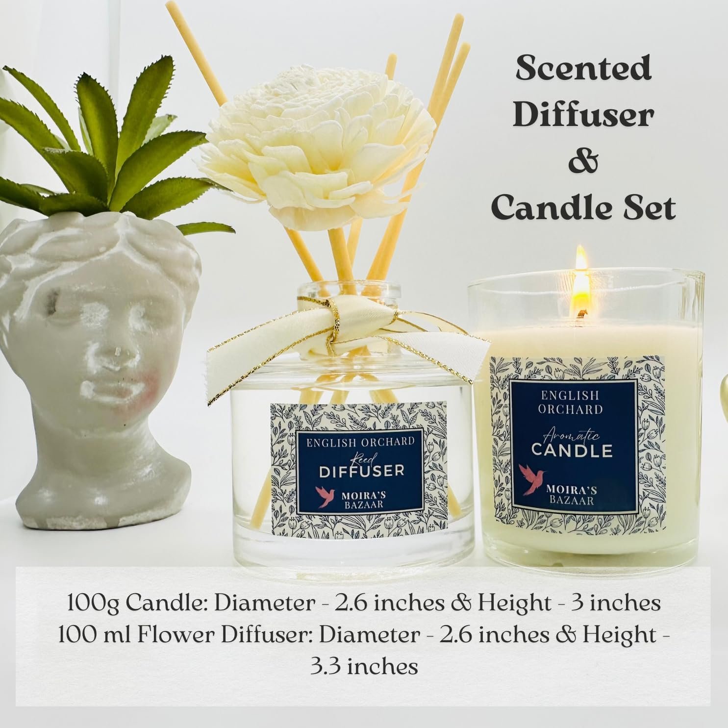 Moira's Bazaar Elysian Essence Aromatherapy Gift Set – Luxury Candle and Flower Reed Diffuser – Perfect Scented Gift for Women, Sophisticated Scent, Home & Bath Decor (English Orchard) - Image 3