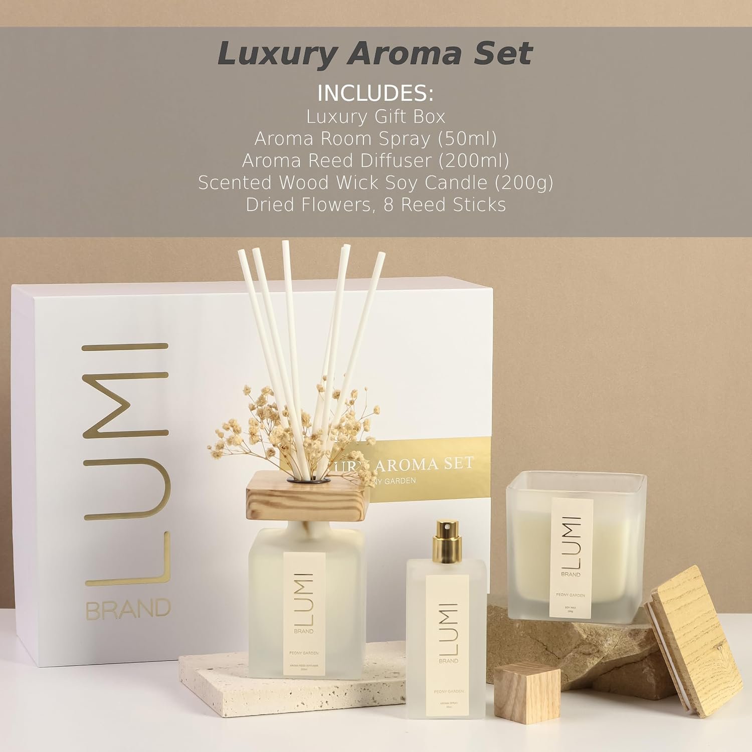 Luxury Aroma Gift Set | Peony Garden Scent - Reed Diffuser (200ml), Wood Wick Soy Candle (200g), Room Spray (50ml) | Includes Dried Flowers & 8 Reeds | Luxurious Fragrance for Home Décor | Great Gifts - Image 2