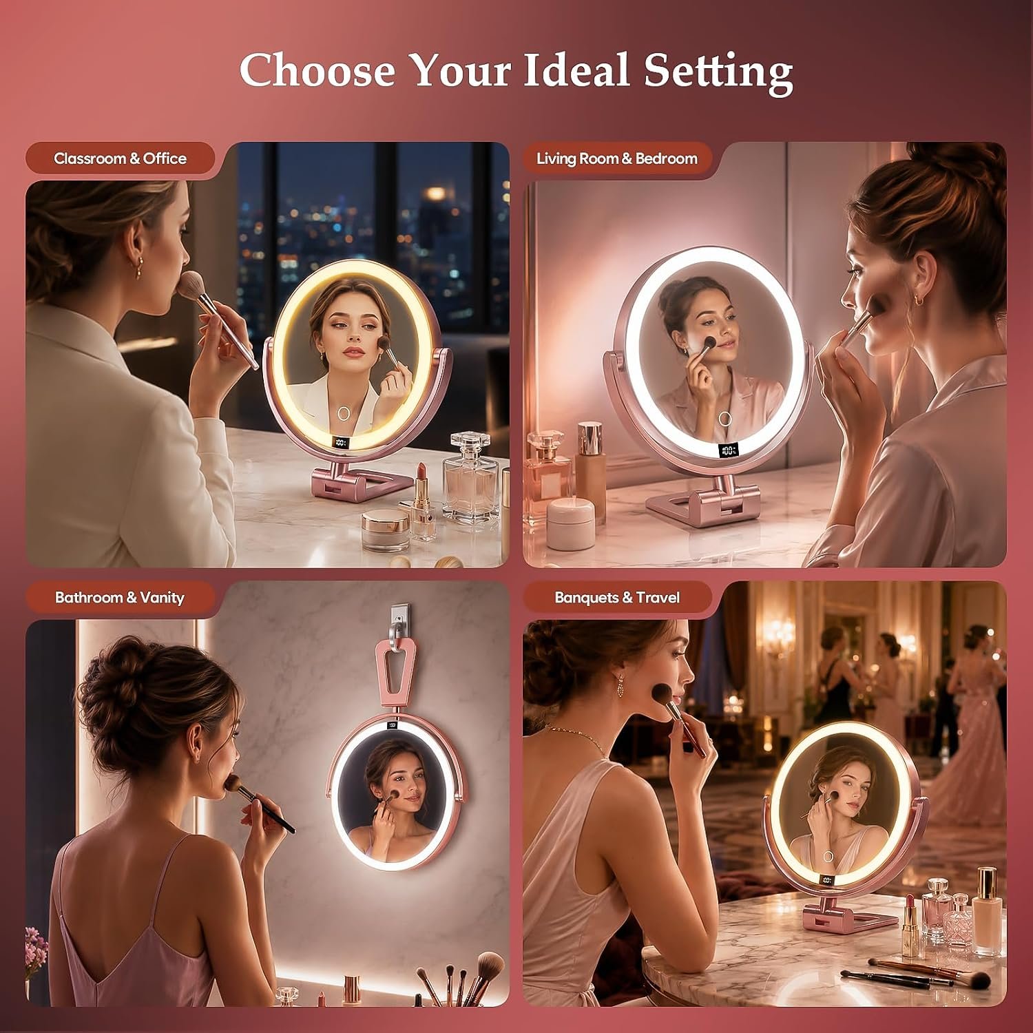 1X/30X Makeup Mirror with Lights, Magnifying Mirror (Rose Gold) | 7 in tabletop| 70 LEDs| 3 color dimming| battery display| 360 rotation| 2000mAh battery| for desk, dorm, travel, gift - Image 8
