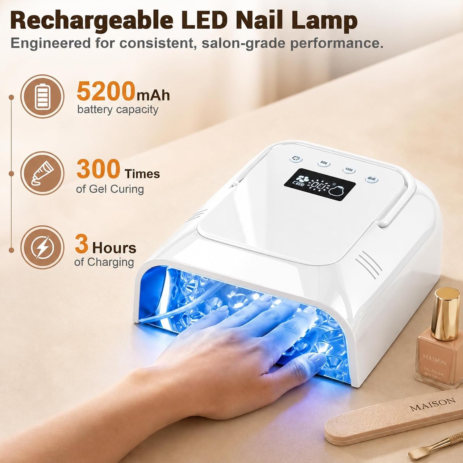 Rechargeable UV LED Nail Lamp Cordless, 108W Professional Nail Lamp for Gel Nails with Cooling Fan,Fast Drying Nail Dryer for Home or Salon Use(White) - Image 4