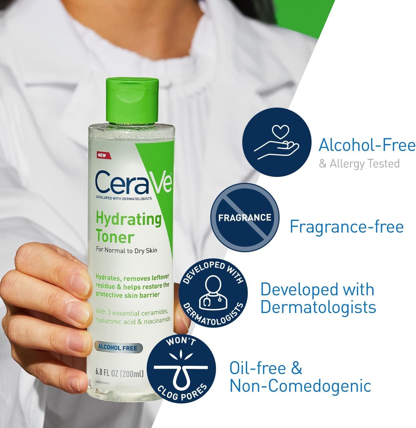 CeraVe Hydrating Toner for Face Non-Alcoholic with Hyaluronic Acid, Niacinamide, and Ceramides for Sensitive Dry Skin, Fragrance-Free Non Comedogenic, Full Size, 6.8 Fl Oz | Skin Care Formula with Ceramides Gently Softens and Hydrates Dry, Sensitive Skin, Non-Alcoholic, Fragrance-Free - Image 5
