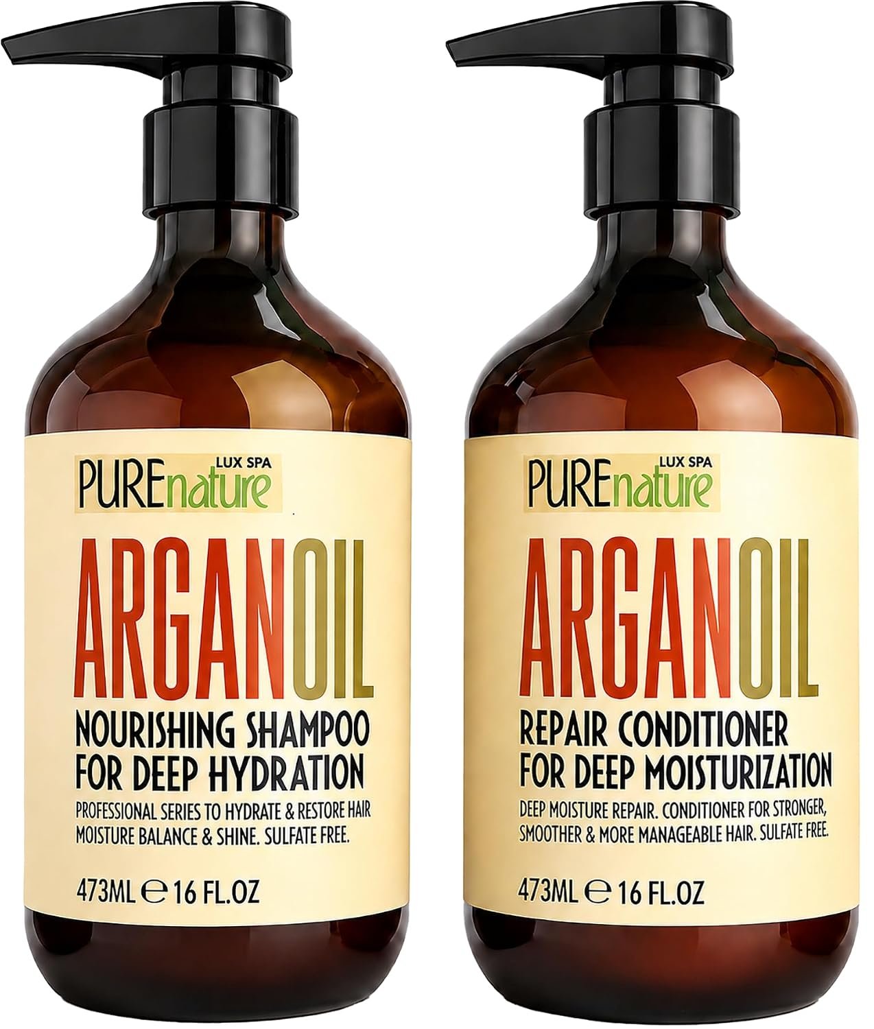 PURE NATURE LUX SPA Moroccan Argan Oil Shampoo and Conditioner Set | Sulfate Free Care with Keratin for Curly, Straight, Dry & Damaged Hair - Professional, Moisturizing, Hydrating & Anti Frizz