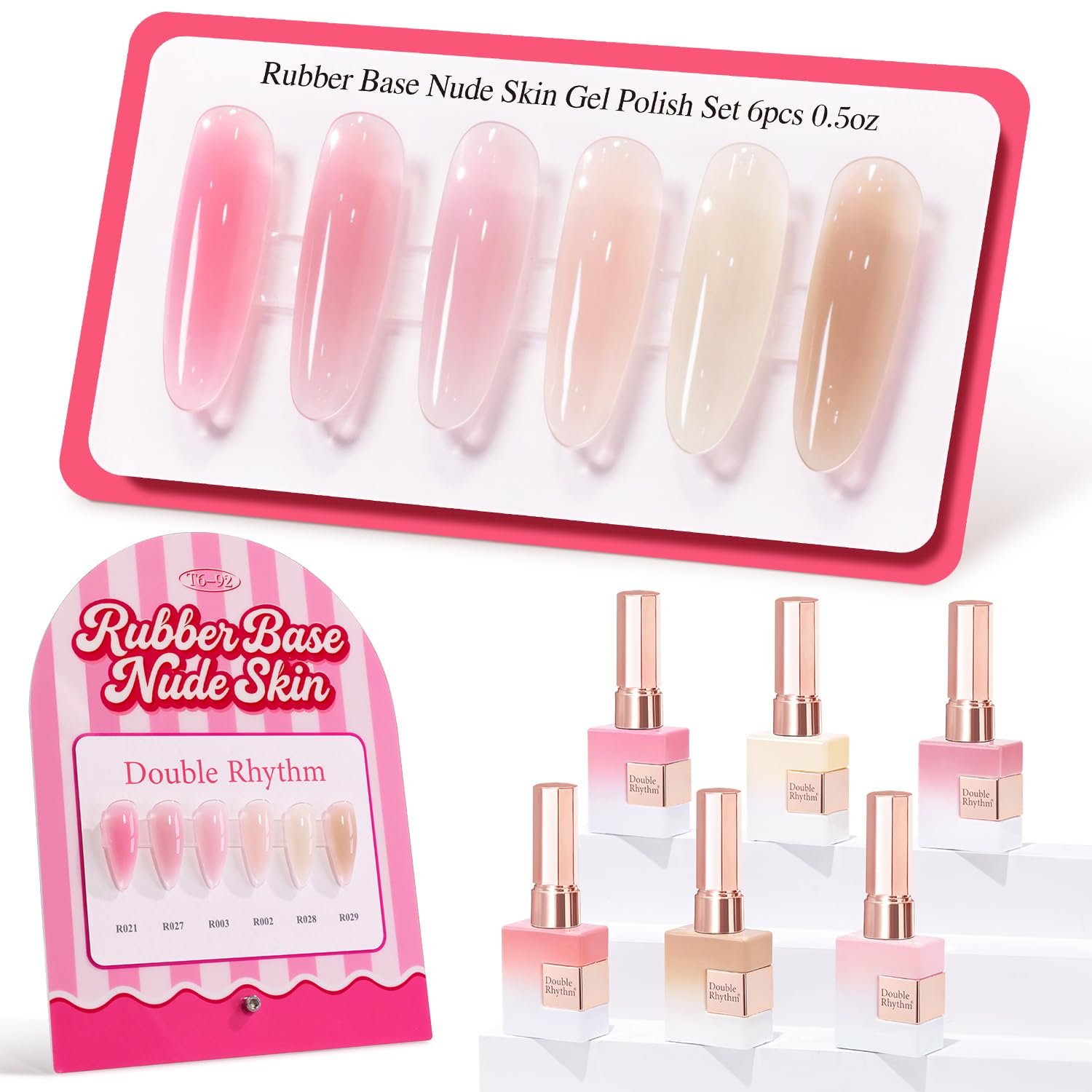 Double Rhythm Rubber Gel Polish Set Nail Strengthener Builder Base Jelly Colors Thickening Extension Hard Nail Gel Kit 6 Pcs 15 ML (Milky Nude Skin Pink -T6-92)