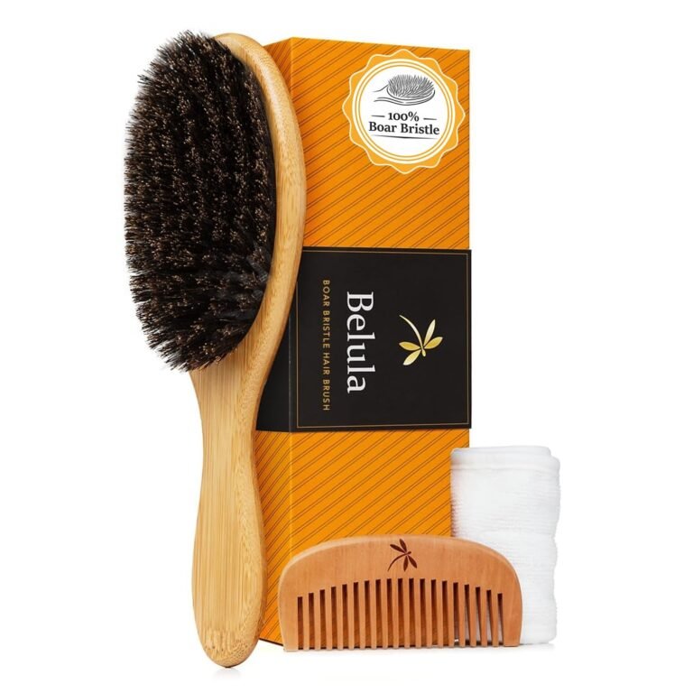 Belula 100% Boar Bristle Hair Brush Set, Medium, for Thin and Fine Hair | Soft bristles, wooden comb, travel bag, spa headband included, restores shine, distributes natural oils, boosts circulation
