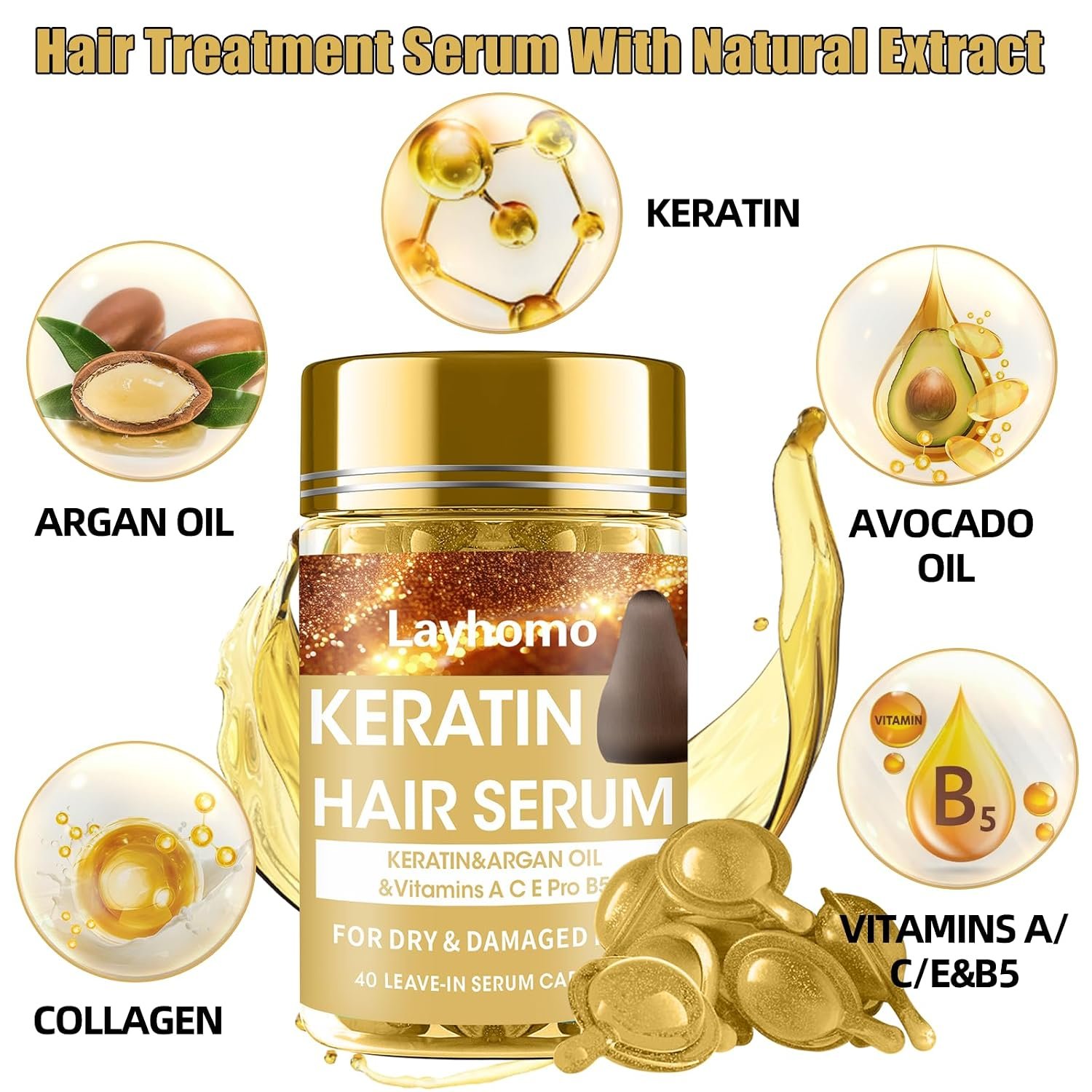 Keratin Hair Treatment Serum,Hair Serum Treatment for Dry Damaged Hair,Hair Oil Capsules with Keratin,Argan Oil-Leave-in Anti Frizz Conditioner with Vitamins A, C, E & B5- No Rinse for All Hair Types - Image 2