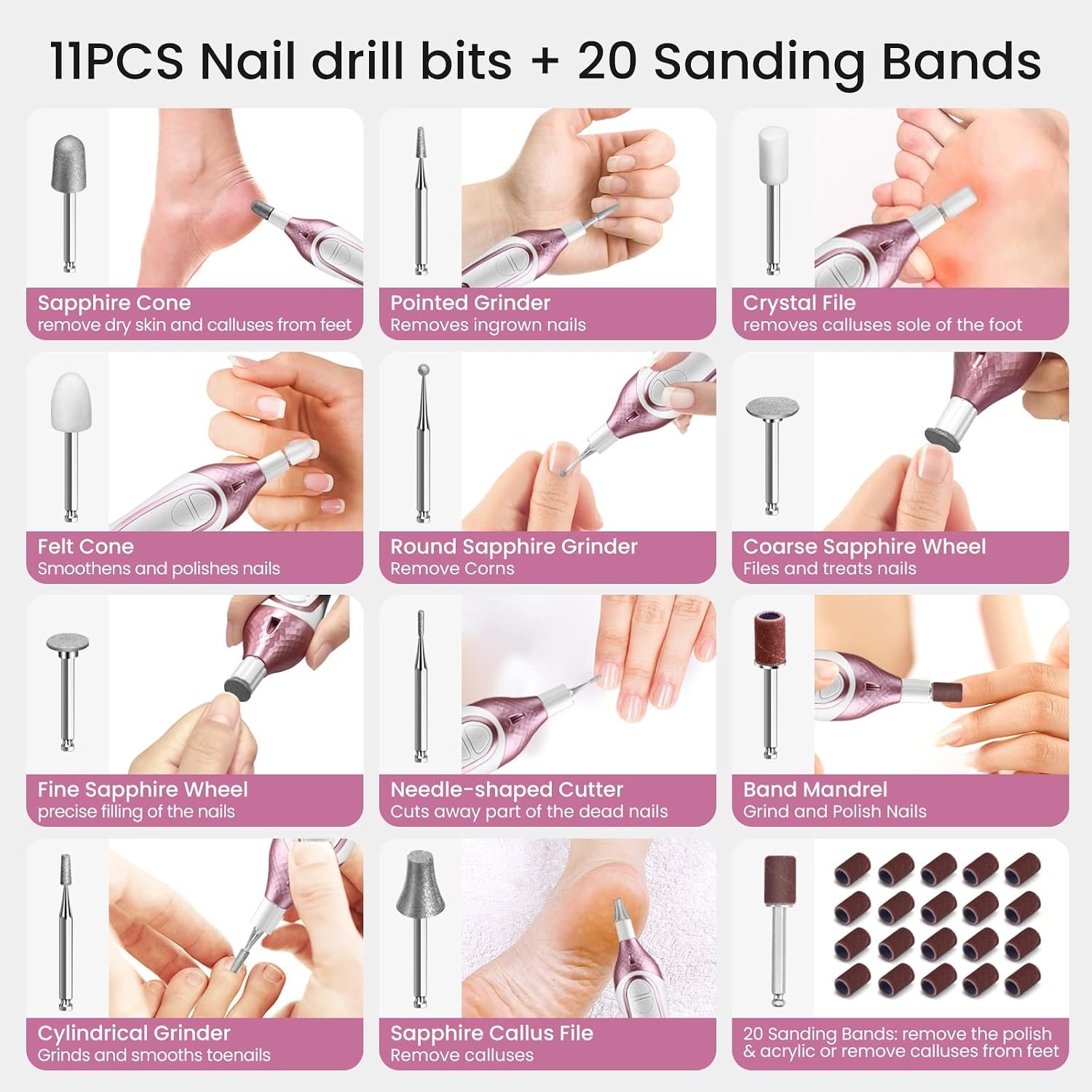 36-Piece Professional Manicure Pedicure Kit-Cordless Electric Nail File Kit,20000RPM, 11Pcs Bits,4 Speed,Rechargeable Pedicure Tool for Feet,Hand Foot Care Nail Drill Tool for Nail Grind Trim Polish - Image 4