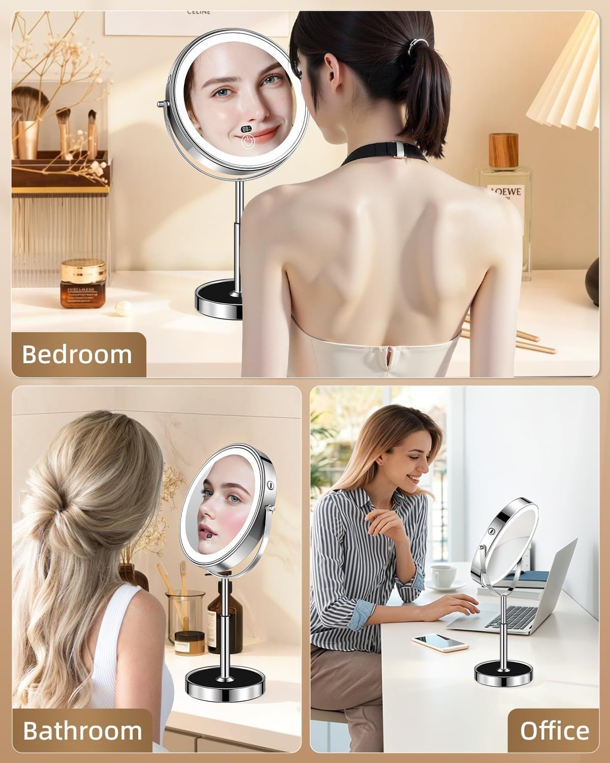 9" Lighted Makeup Mirror with Light,30X Magnifying Height Adjustable Mirror | 5000mah Rechargeable Battery with Level Display Vanity Mirrors with 3 LED Lighting Dimmable for desk Women Gift - Image 8