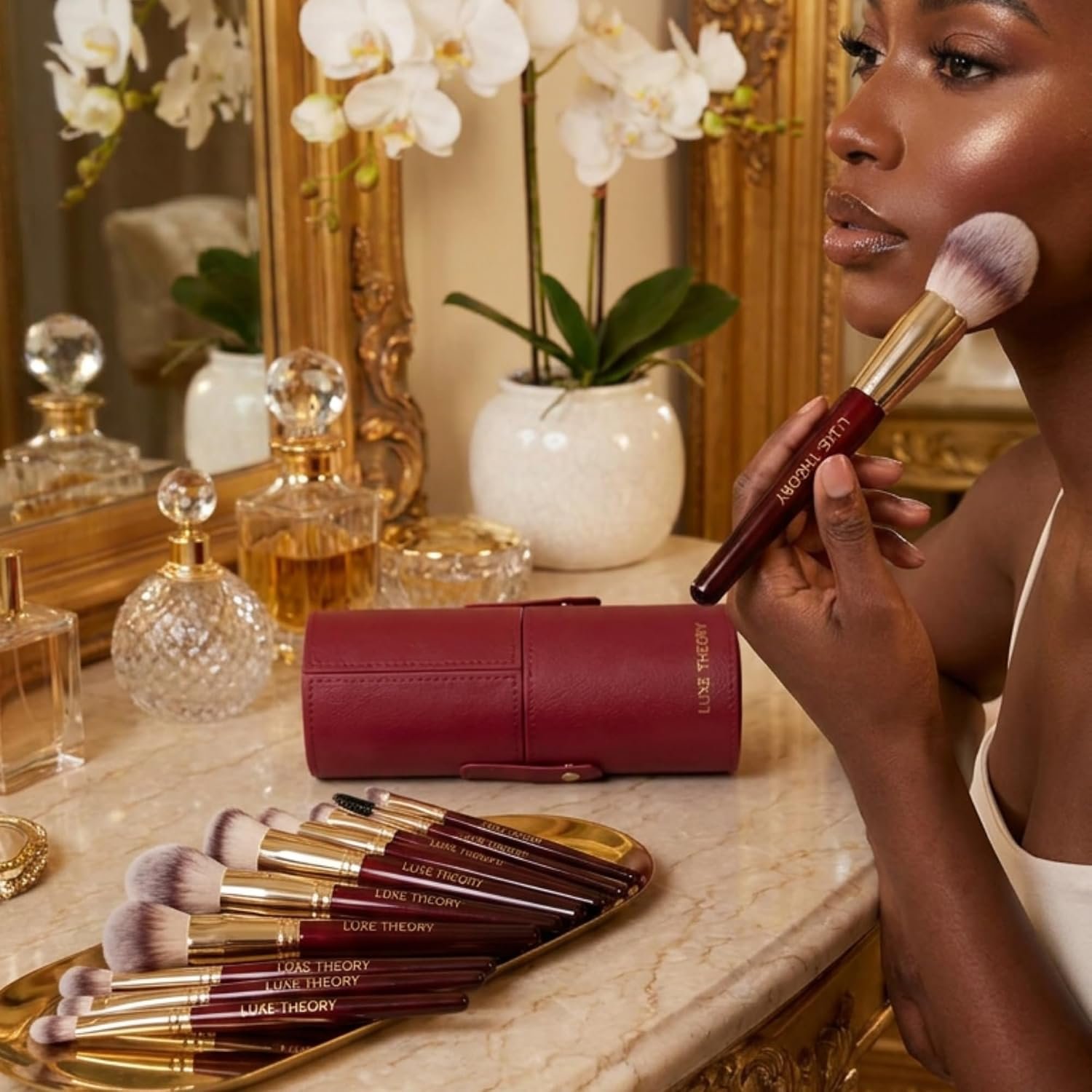 LUXE THEORY 15 Piece Luxury Makeup Brush Set with Holder, Professional Face & Eye Makeup Brushes, Wooden Handles, Ultra Dense Soft Synthetic Bristles, Burgundy & Gold - Image 8