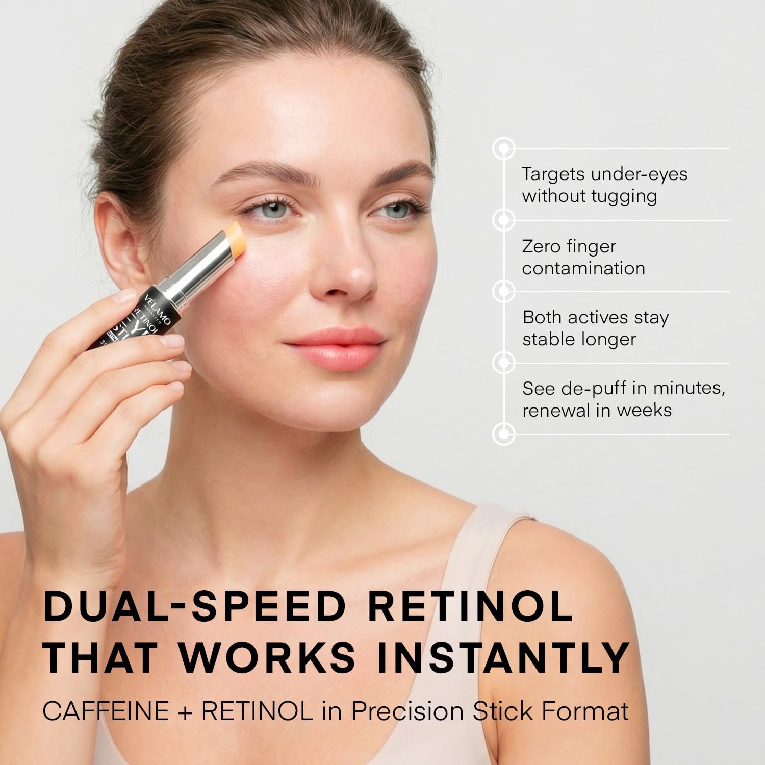 VELAMO ADVANCED Retinol Eye Stick: Retinol Eye Cream for Dark Circles and Puffiness with 1% Bakuchiol and Caffeine - Visibly Reduces Fine Lines Wrinkles Under Eye Bags with Upgraded Formula 0.1 OZ/3g - Image 2