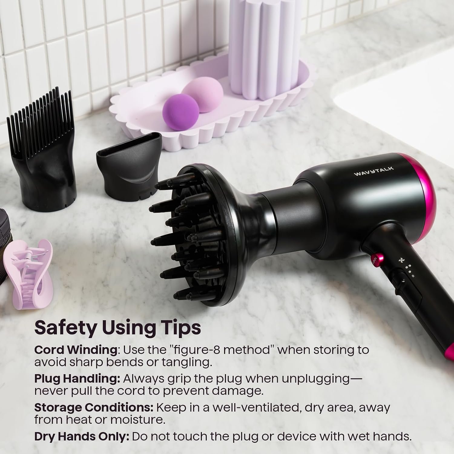 Wavytalk Blown Away Ionic Hair Dryer with Diffuser for Curly Hair | 1875W Fast Drying, 3 Attachments for All Hair Types, Ceramic Healthy Shine, Lightweight & Quiet (Black) - Image 8