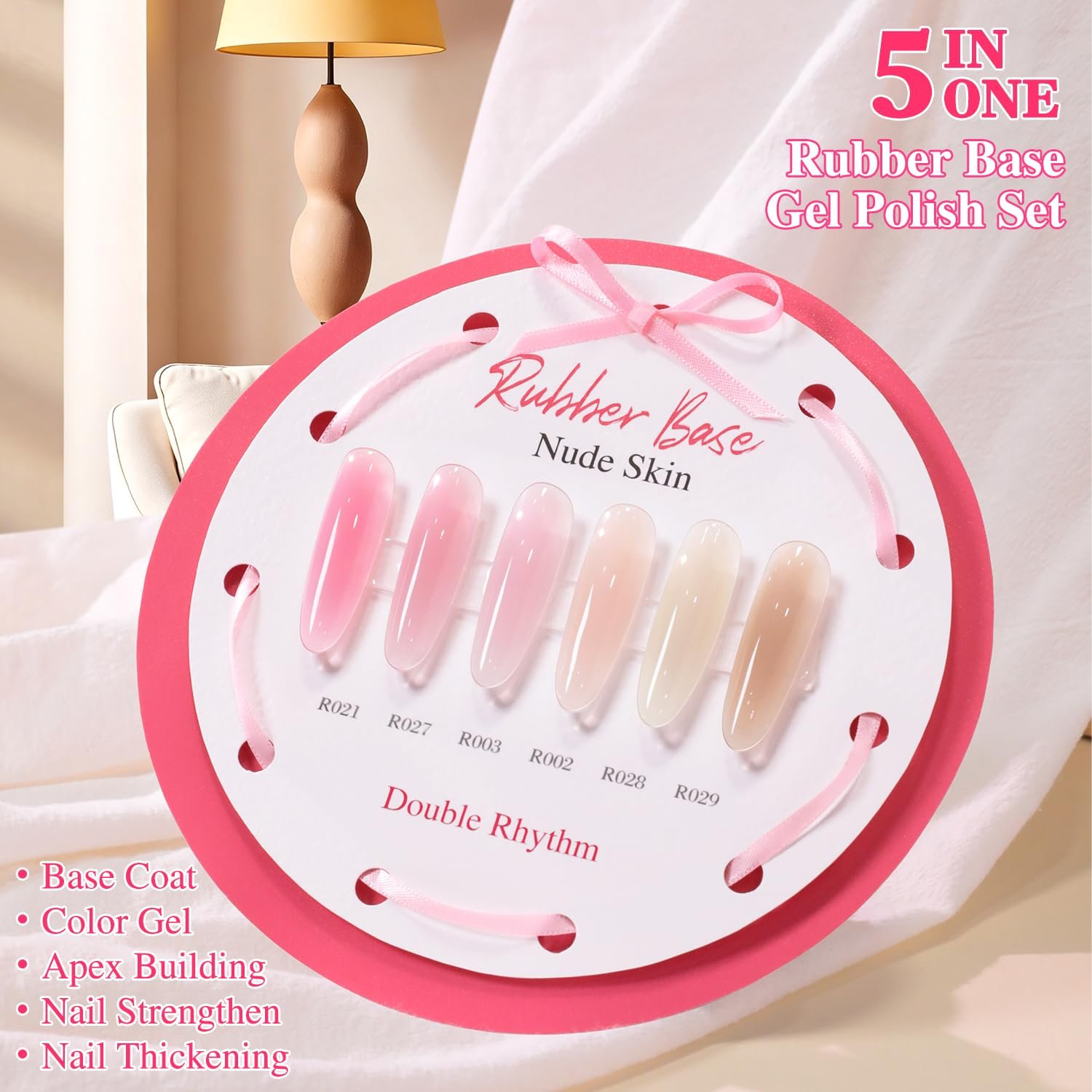 Double Rhythm Rubber Gel Polish Set Nail Strengthener Builder Base Jelly Colors Thickening Extension Hard Nail Gel Kit 6 Pcs 15 ML (Milky Nude Skin Pink -T6-92) - Image 2