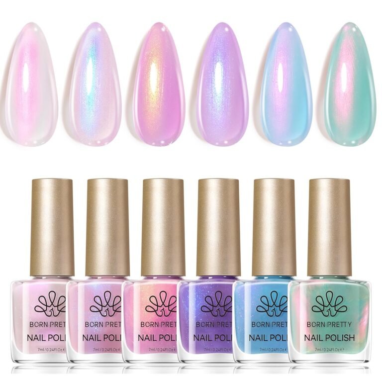 Born Pretty Pearl Nail Polish Set 6 Colors Ombre Mermaid Shimmer | White Pink Purple Mermaid Nail Polish Quick Dry Spring Summer Finger Shell Glitter Nail Lacquer Set