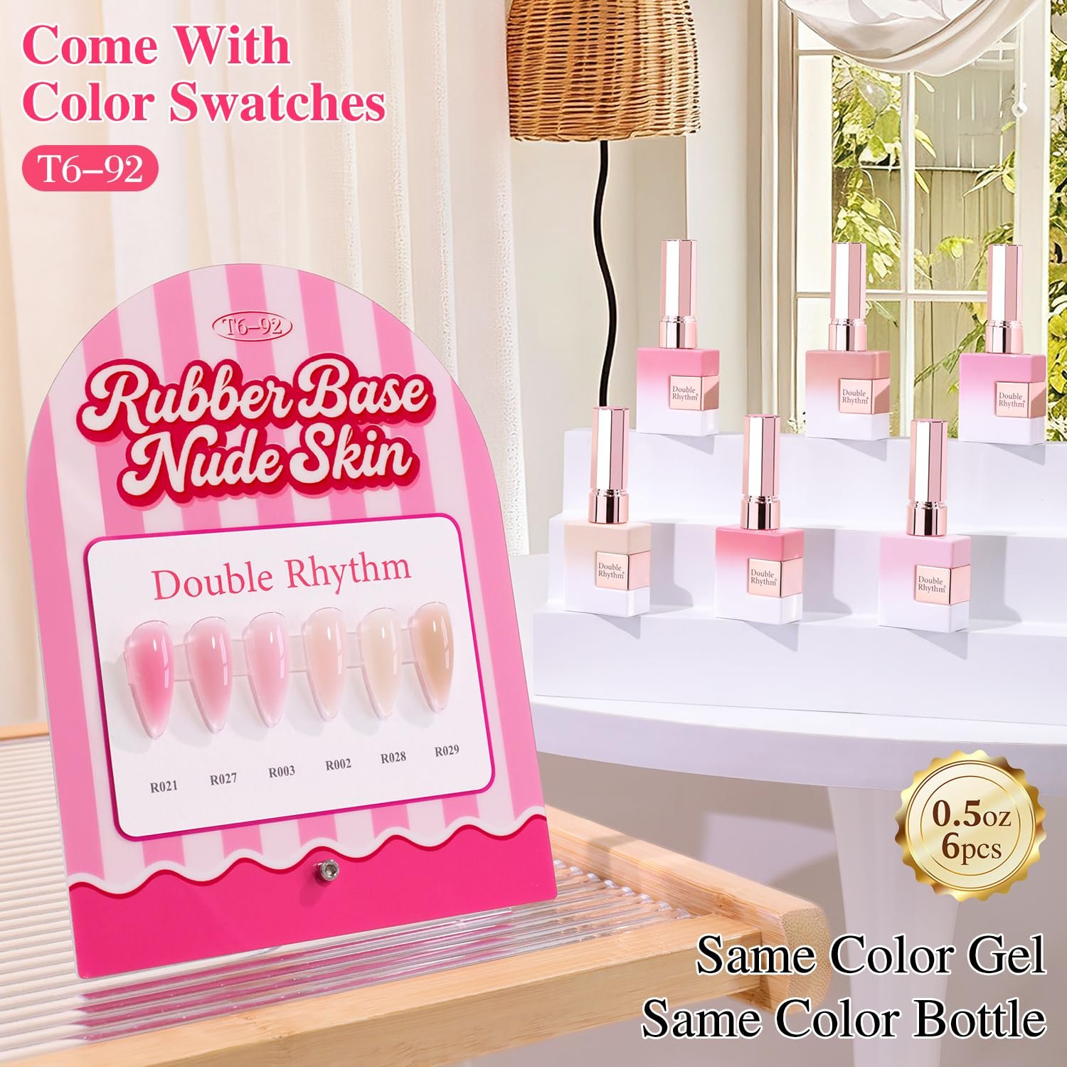 Double Rhythm Rubber Gel Polish Set Nail Strengthener Builder Base Jelly Colors Thickening Extension Hard Nail Gel Kit 6 Pcs 15 ML (Milky Nude Skin Pink -T6-92) - Image 3