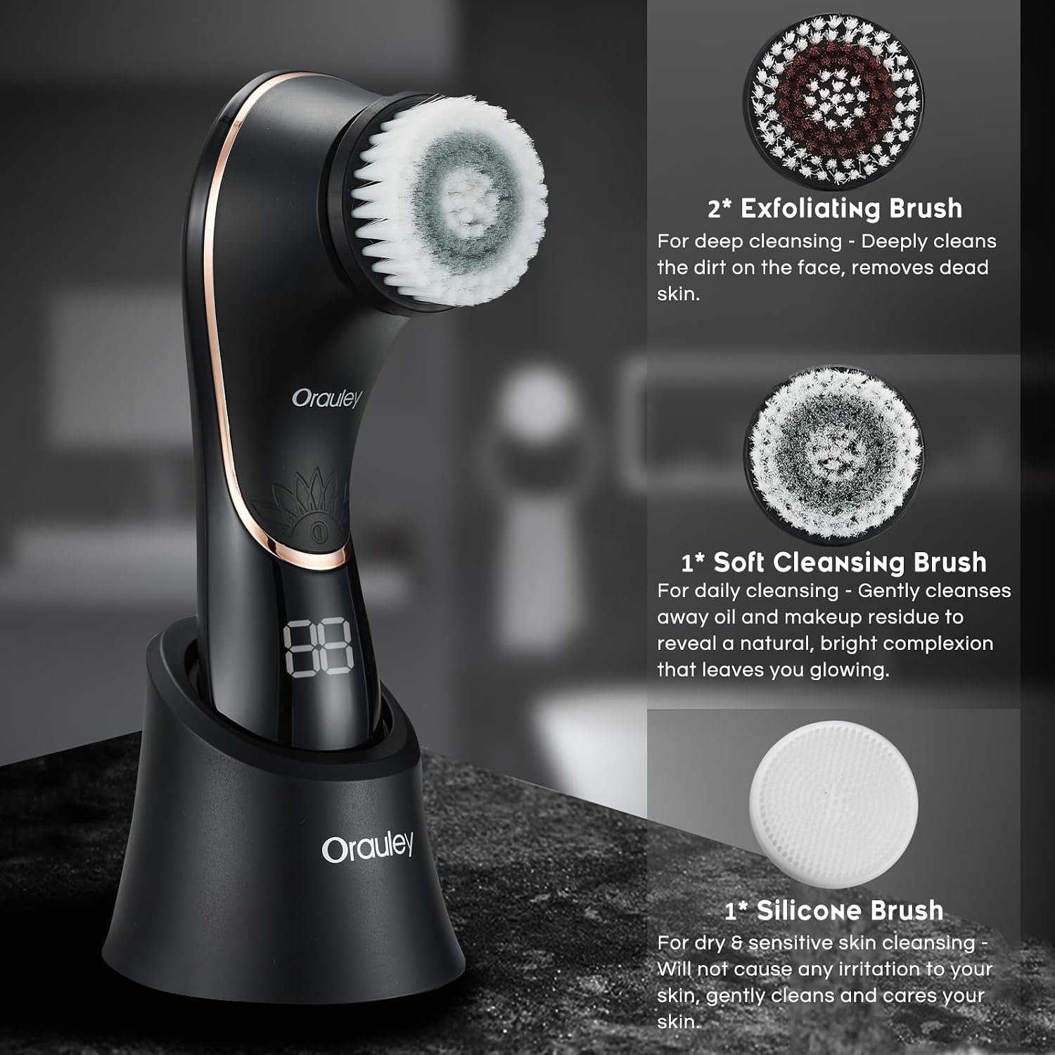 Facial Cleansing Brush, Electric Face Scrubber Rechargeable Exfoliator IPX-7 Waterproof Rotating Cleanser for Exfoliating, Massaging and Deep Cleansing for Women & Men with 4 Brush Heads Black | Rechargeable Exfoliator, Massaging and Deep Cleansing for Women & Men, 4 Brush Heads, Black - Image 3