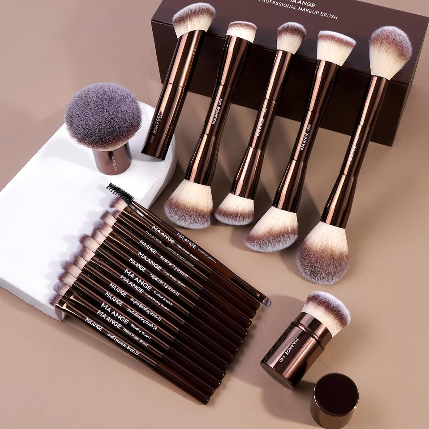 MAANGE 20 Pcs Makeup Brushes with Gift Box, Double-End Multi-functional Makeup Brushes for Blending Liquid Powder Concealer Cream Blush Buffe,CoffeeBrown - Image 2