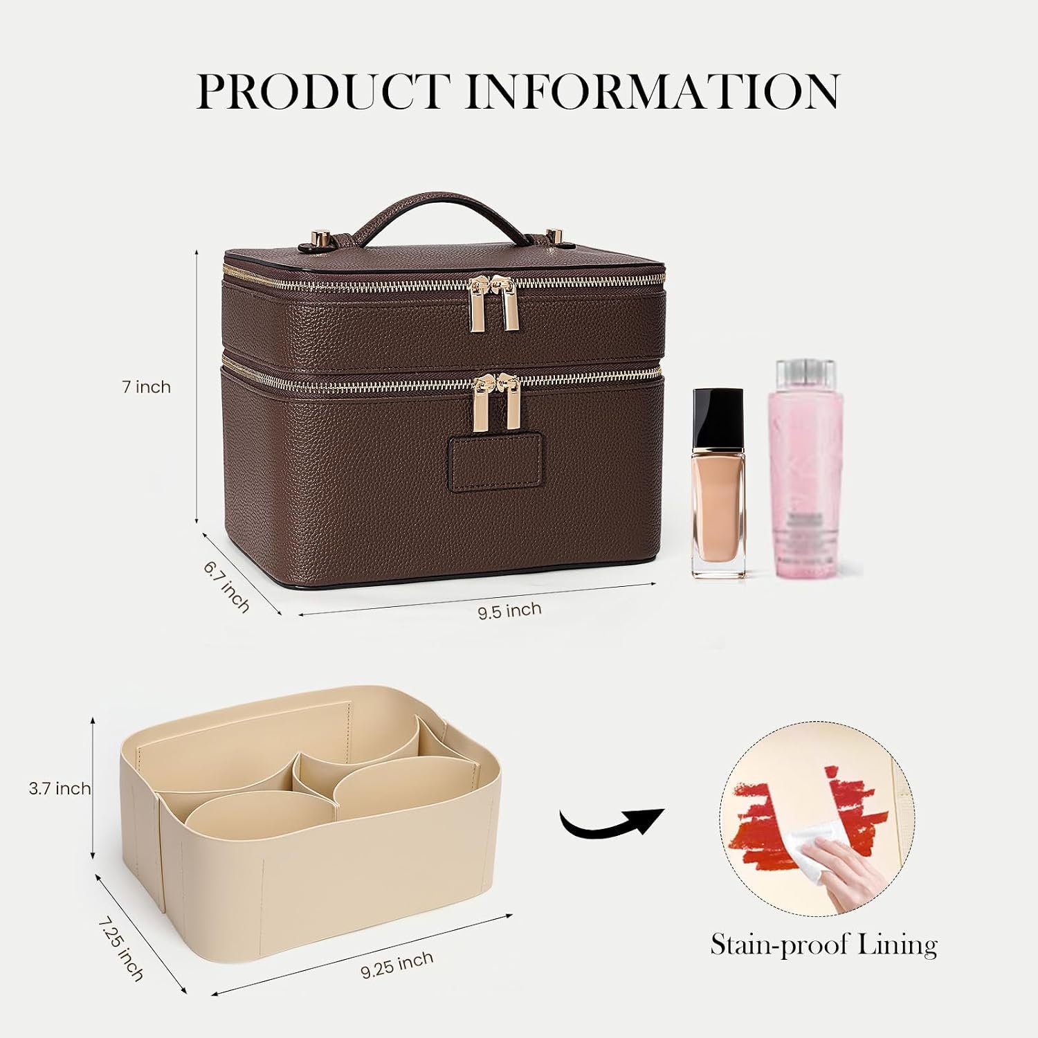 HiTotes Large Makeup Bag Duo Vanity Case for Women Leather Makeup Case Travel Toiletry Bag Portable Double Layer Cosmetic Bag - Image 4