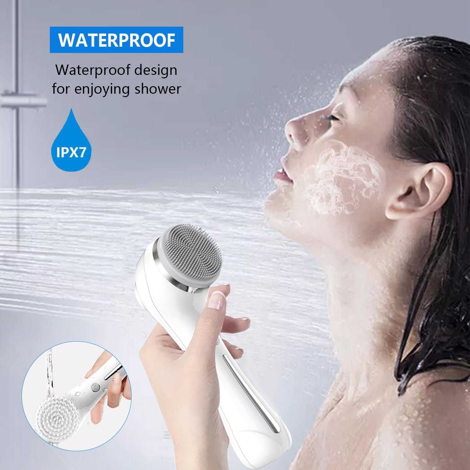 Facial Cleansing Brush, 2 in 1 Waterproof IPx7 Facial Spin Scrubber Set with 4 Brush Heads, Rechargeable Exfoliating Face Brush Deep Cleansing, Gently Exfoliate and Remove Blackhead (White) - Image 3