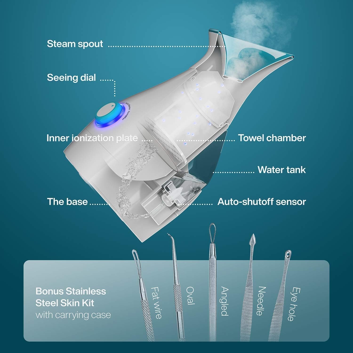 Pure Daily Care NanoSteamer Large 3-in-1 Nano Ionic Facial Steamer with Precise Temp Control - Humidifier - Unclogs Pores - Blackheads - Spa Quality - Bonus 5 Piece Stainless Steel Skin Kit (Teal) - Image 2