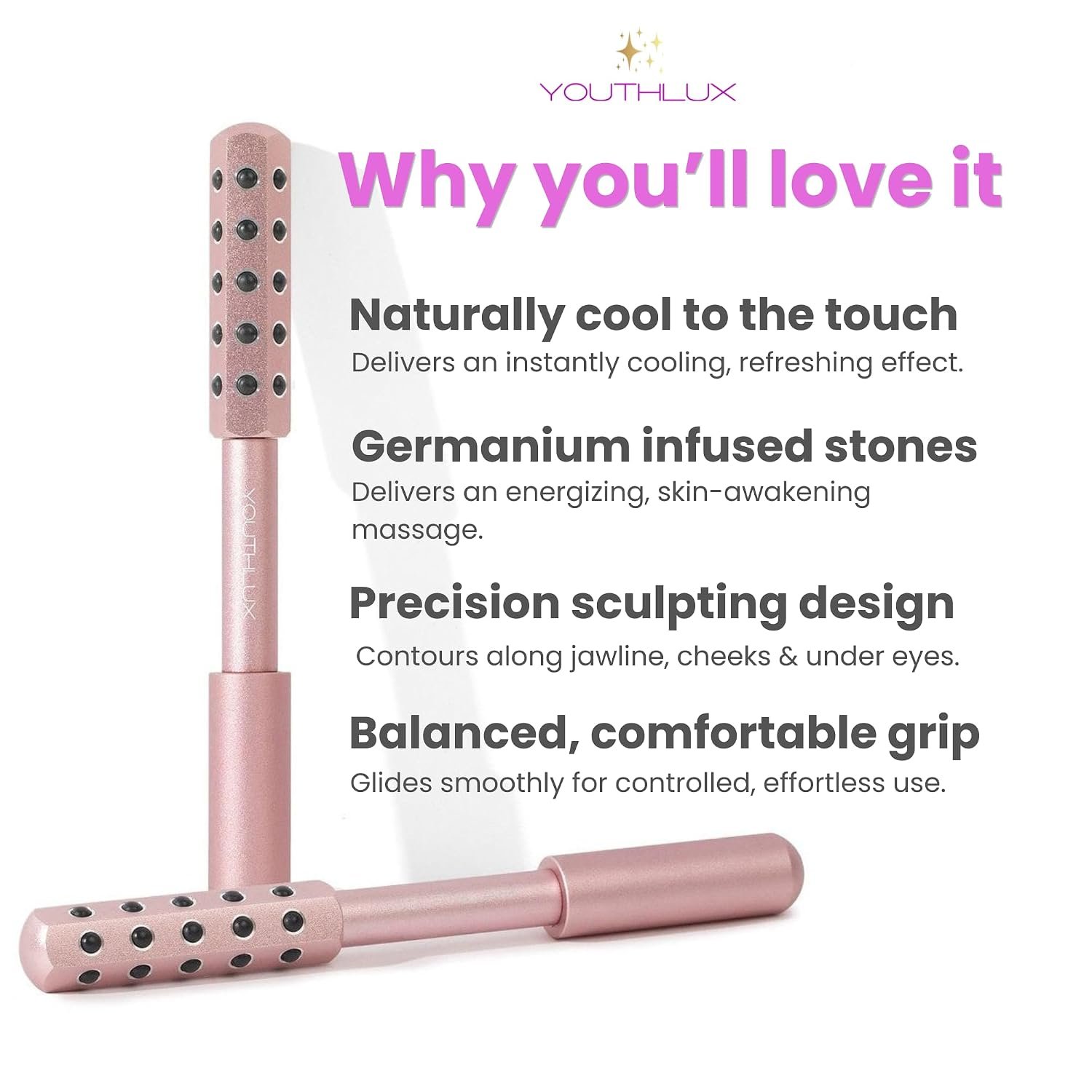 Radiance Roller – Germanium Stone Facial Massage Tool/Wand Face Roller for Lifting, Sculpting, De-Puffing, Glow Boost, Energizing & Cooling Effect (Rose Gold) - Image 5