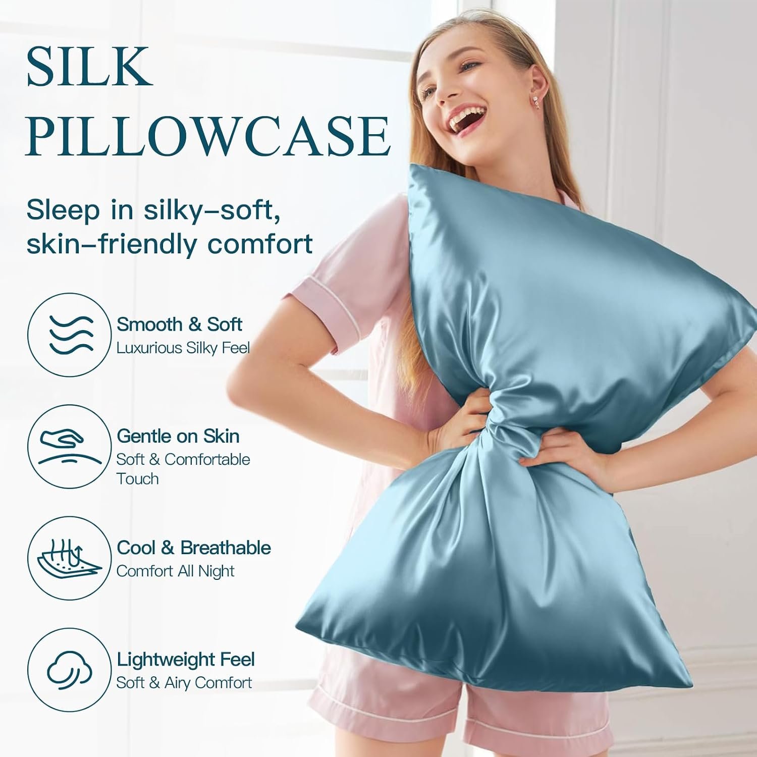 Mulberry Silk Pillow Cases for Hair and Skin, Standard, Blue Gray, 1 pc | fits 20x26 inches pillows, with Hidden Zipper, Cooling Pillowcovers for Hot Sleepers, Hypoallergenic, Smooth, Women Men Gift - Image 2
