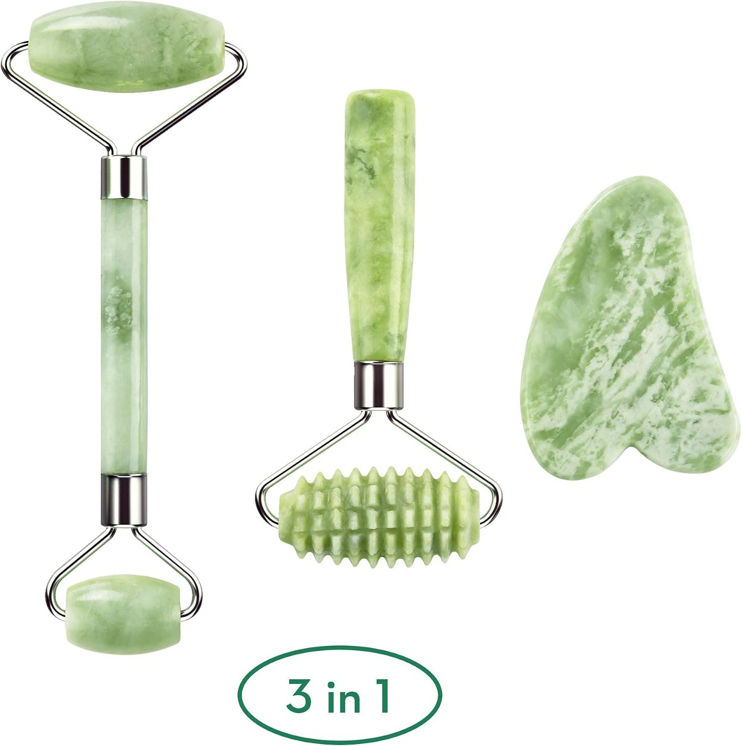 kimkoo Jade Roller and Gua Sha for Face-3 in 1 Kit with Facial Massager Tool,100% Real Natural Jade Stone Anti Aging,Face Beauty Set for Eye Anti-Wrinkle - Image 2